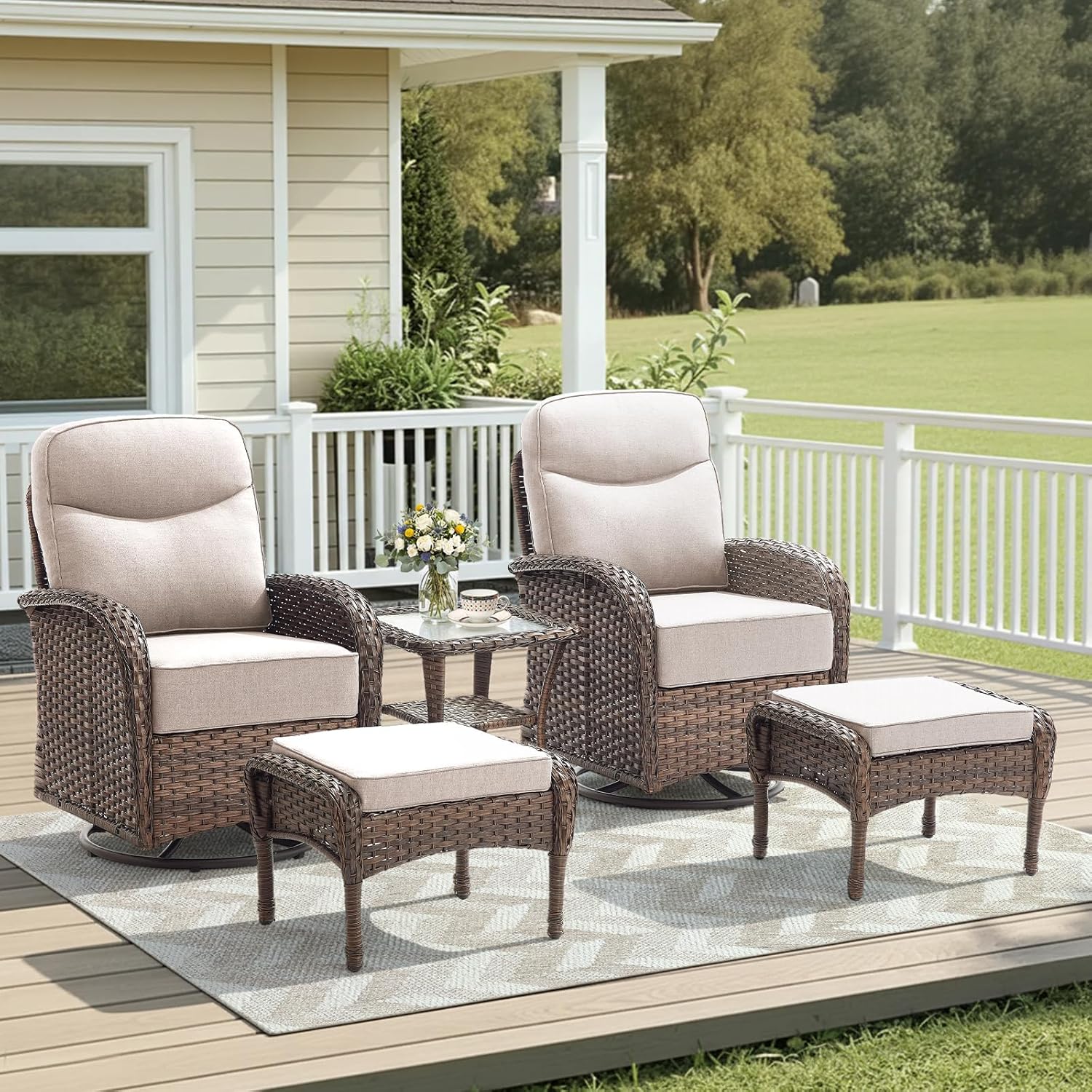 5 Pieces Luxury Patio Furniture Sets with 6-Inch Thick Cushions, High Back Swivel Outdoor Rocking Chairs Set of 2 with Multifunctional Ottoman, Wicker Conversation Set for Porch Garden, Beige