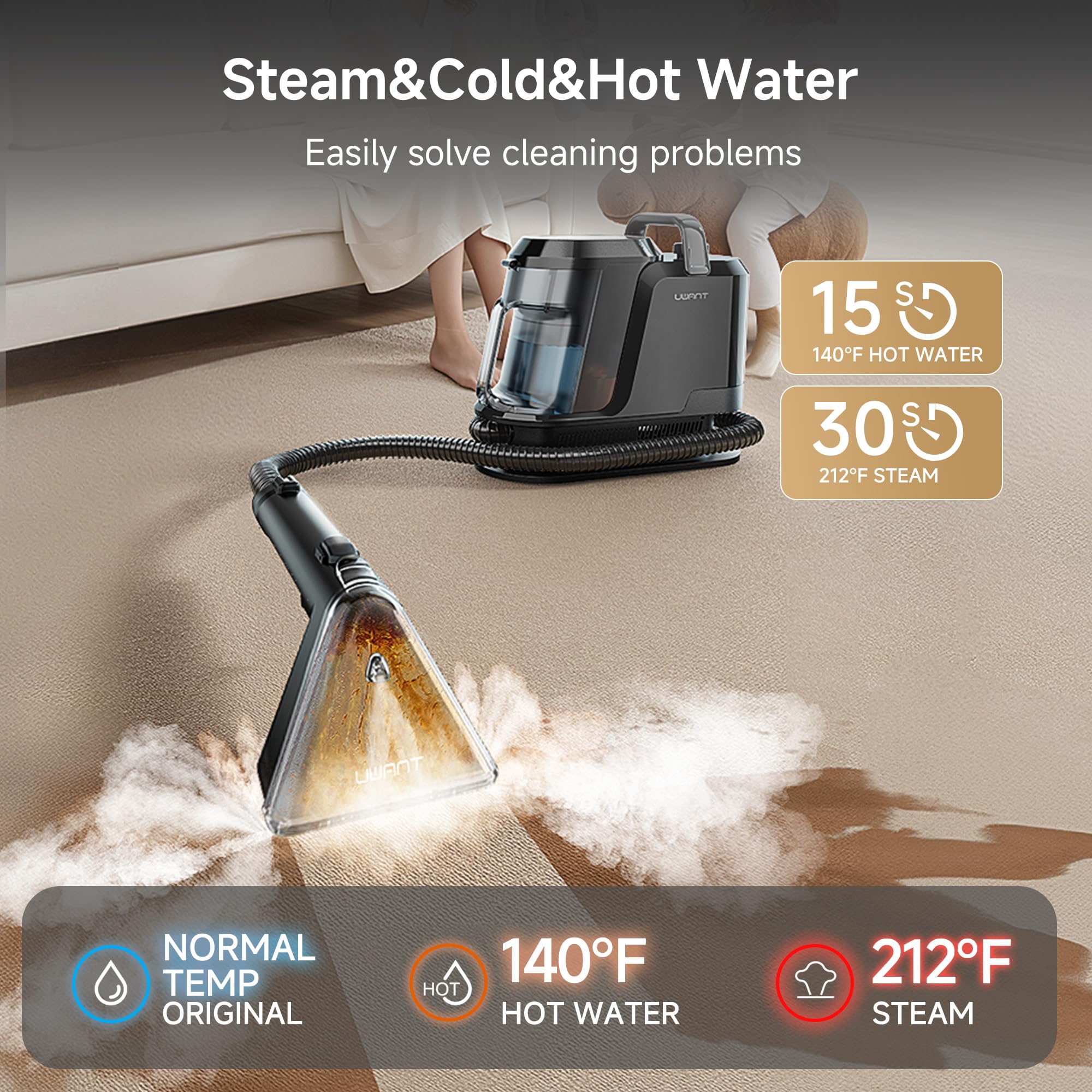 UWANT Carpet Cleaner Machine with Powerful Suction & Steam