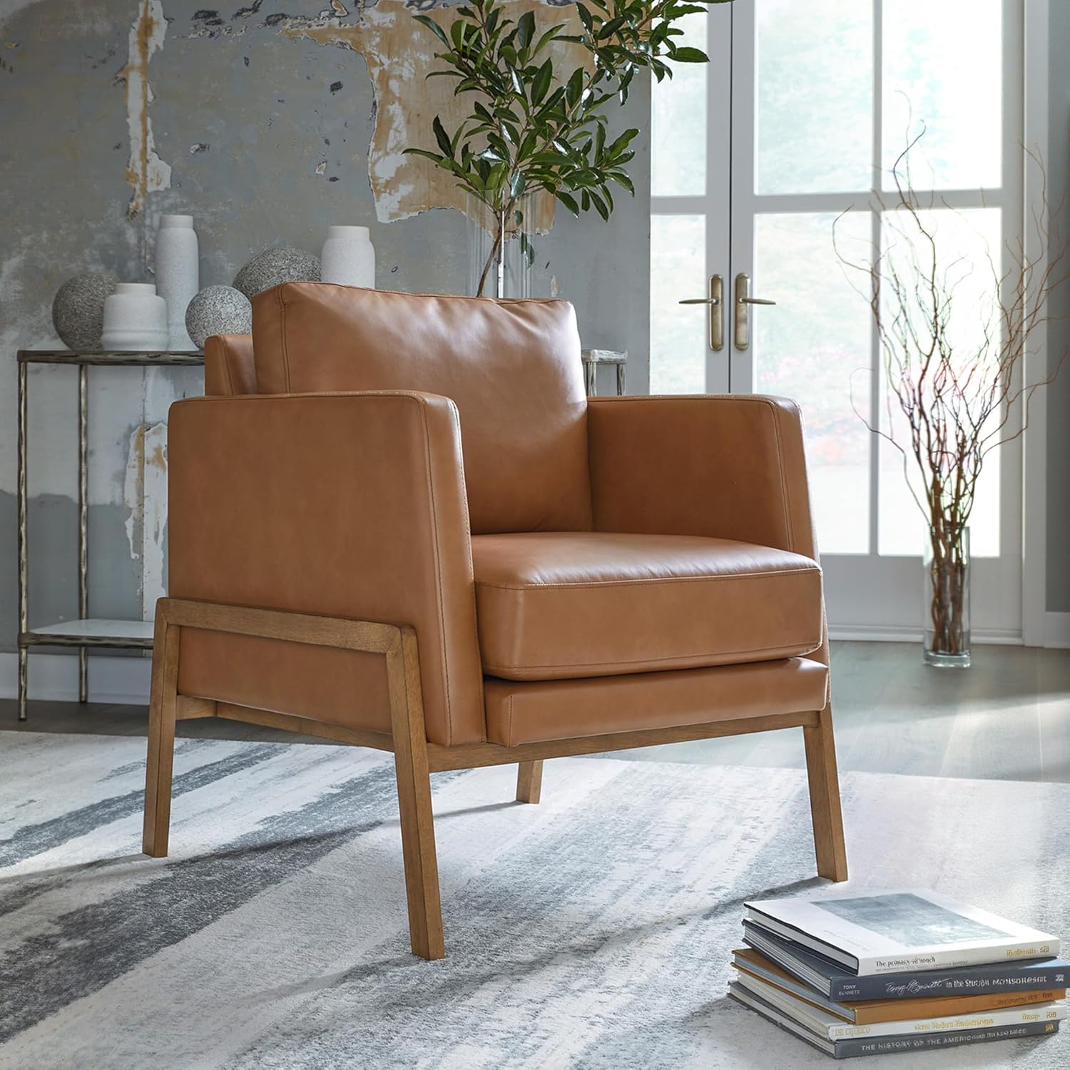 Signature Design by Ashley Numund Contemporary Faux Leather Upholstered Accent Chair with Removable Cushions and Track Arms, Light Brown