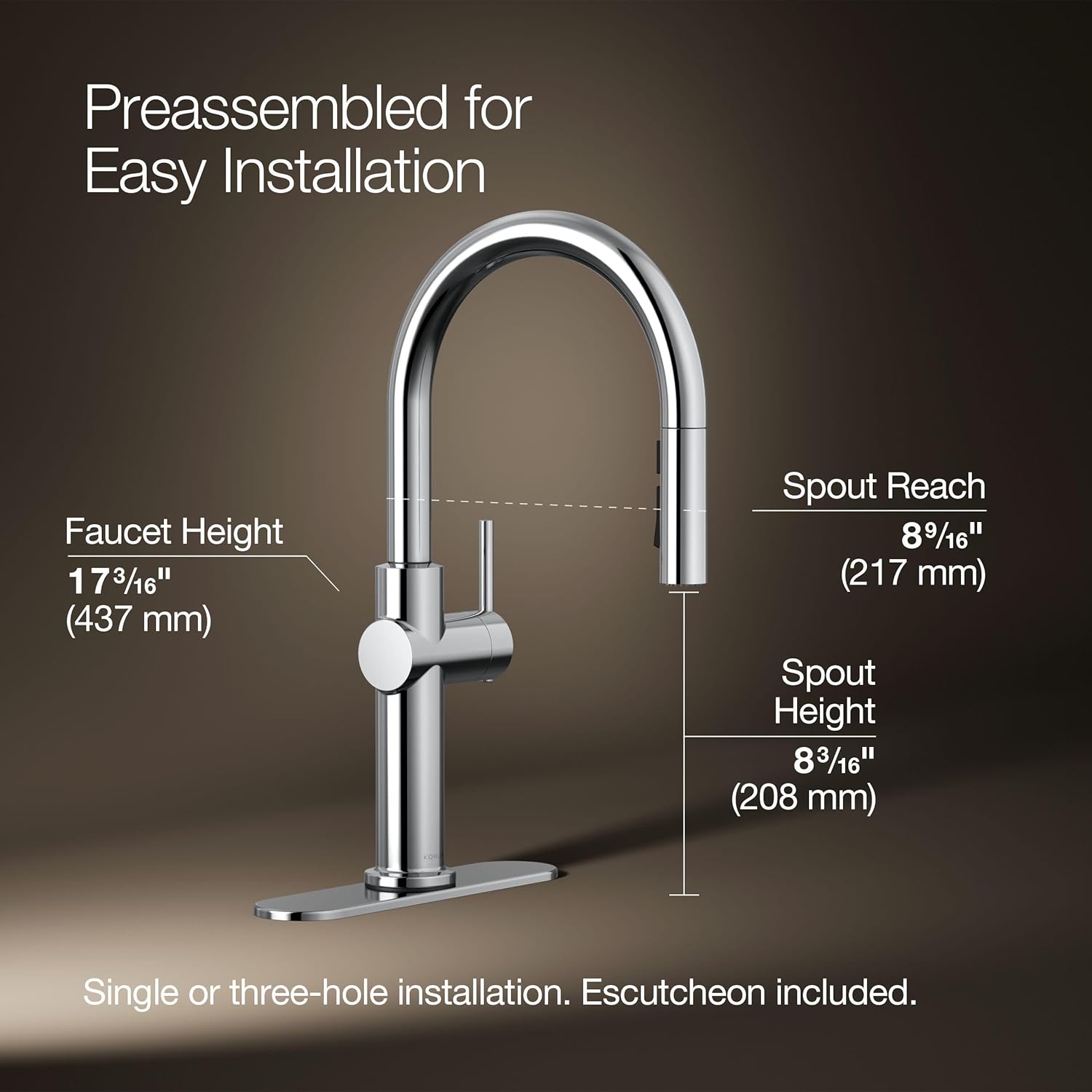 KOHLER 22972-CP Crue Pull Down Kitchen Faucet, Pull-Down Sprayer with Multi Function Spray Head, Polished Chrome