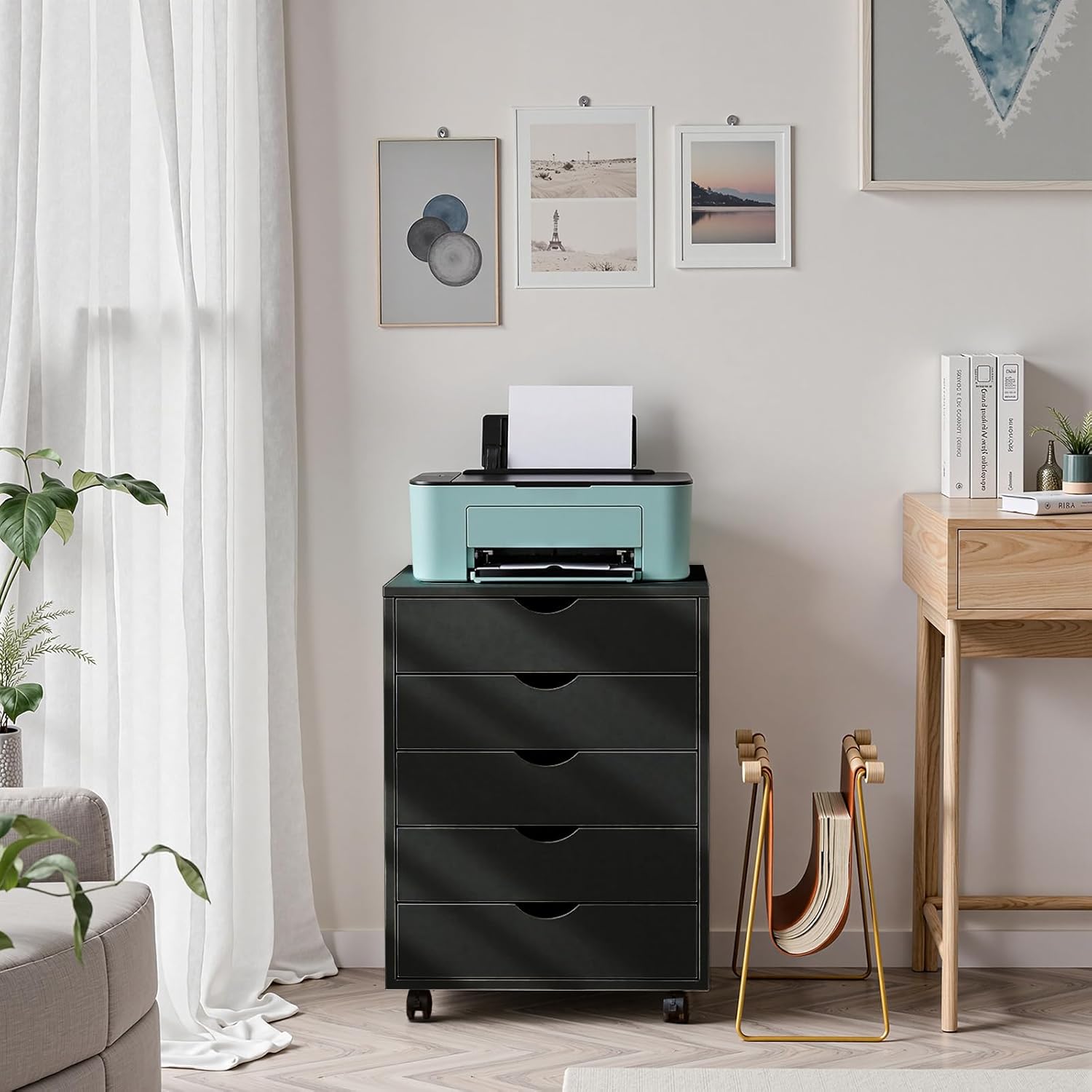 OLIXIS 5 Drawer Mobile File Cabinet Under Desk Storage Organization with Wheels Vertical Filing Chest Rolling Wood Small Desk Printer Stand for Home Office, 15.75