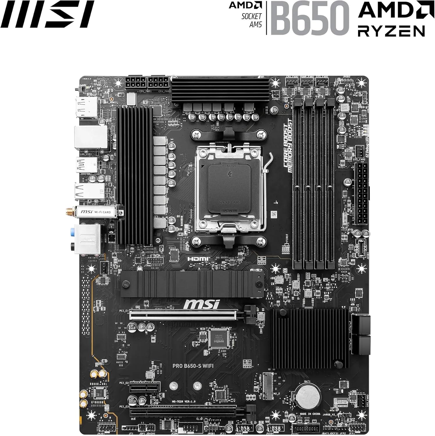 MSI PRO B650-S WiFi V1 Motherboard, ATX - Supports AMD Ryzen 9000/8000 / 7000 Series Processors, AM5 - DDR5 Memory Boost 6000+MHz/OC, 2 x PCIe 4.0 x16, 2 x M.2 Gen4, Wi-Fi 6E