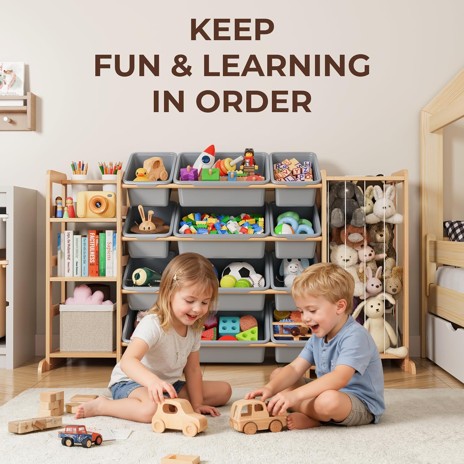 Toy Storage Organizer with Bookshelf and Stuffed Animal Storage - Kids Playroom Organization with Shelves and 12 Toy Bins - Toddler Living Room Toy Box for Lego - Nursery Bedroom Decor Essentials
