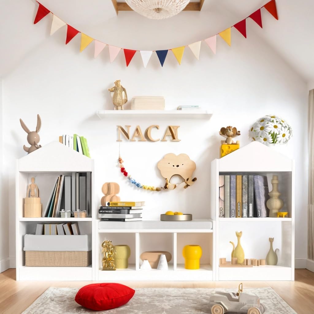 MHOM 68.9“ Kids Bookshelf with Reading Nook, Toy Storage Organizer with Seat Cushion and 7 Storage Cubbies, Wooden Kids Bookcase, Toy Organizers and Storage for Nursery, Playroom, White