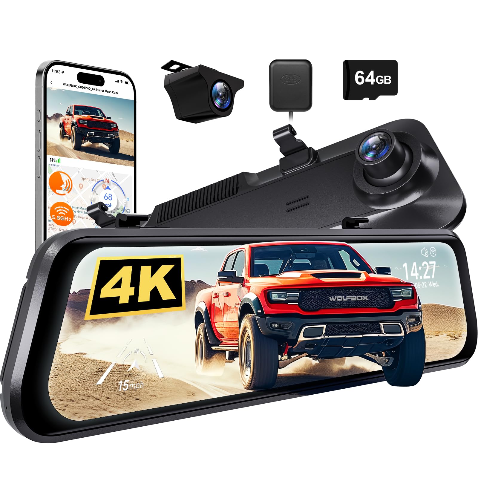 WOLFBOX G850 PRO 4K Mirror Dash Cam with ADAS & BSD