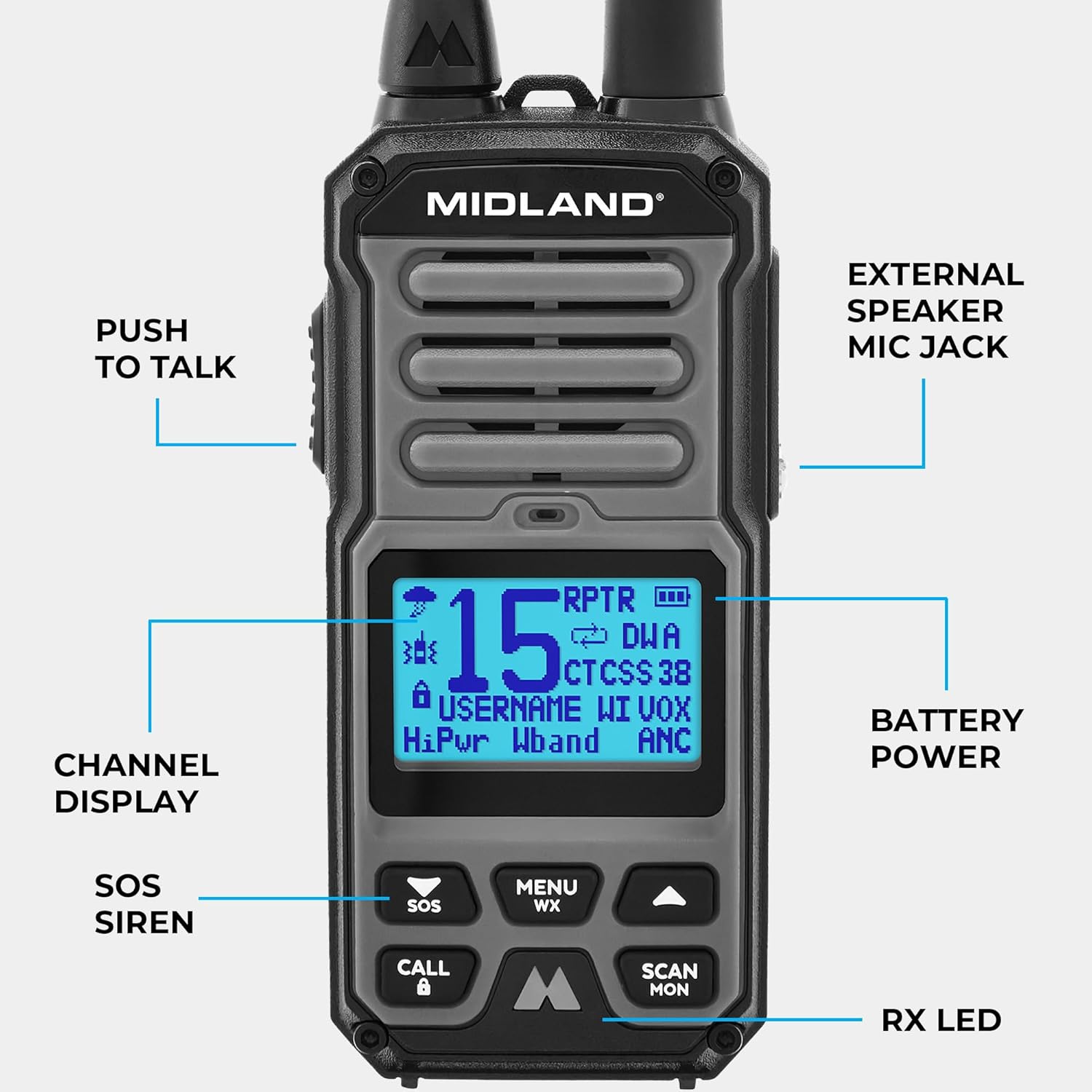 Midland GXT67 5-Watt GMRS Two-Way Radio – Long Range Walkie Talkie for Overlanding, Jeep, & Off-Road – IP67 Waterproof, Repeater Capable, Rechargeable Battery, Hard Case Included (Black)