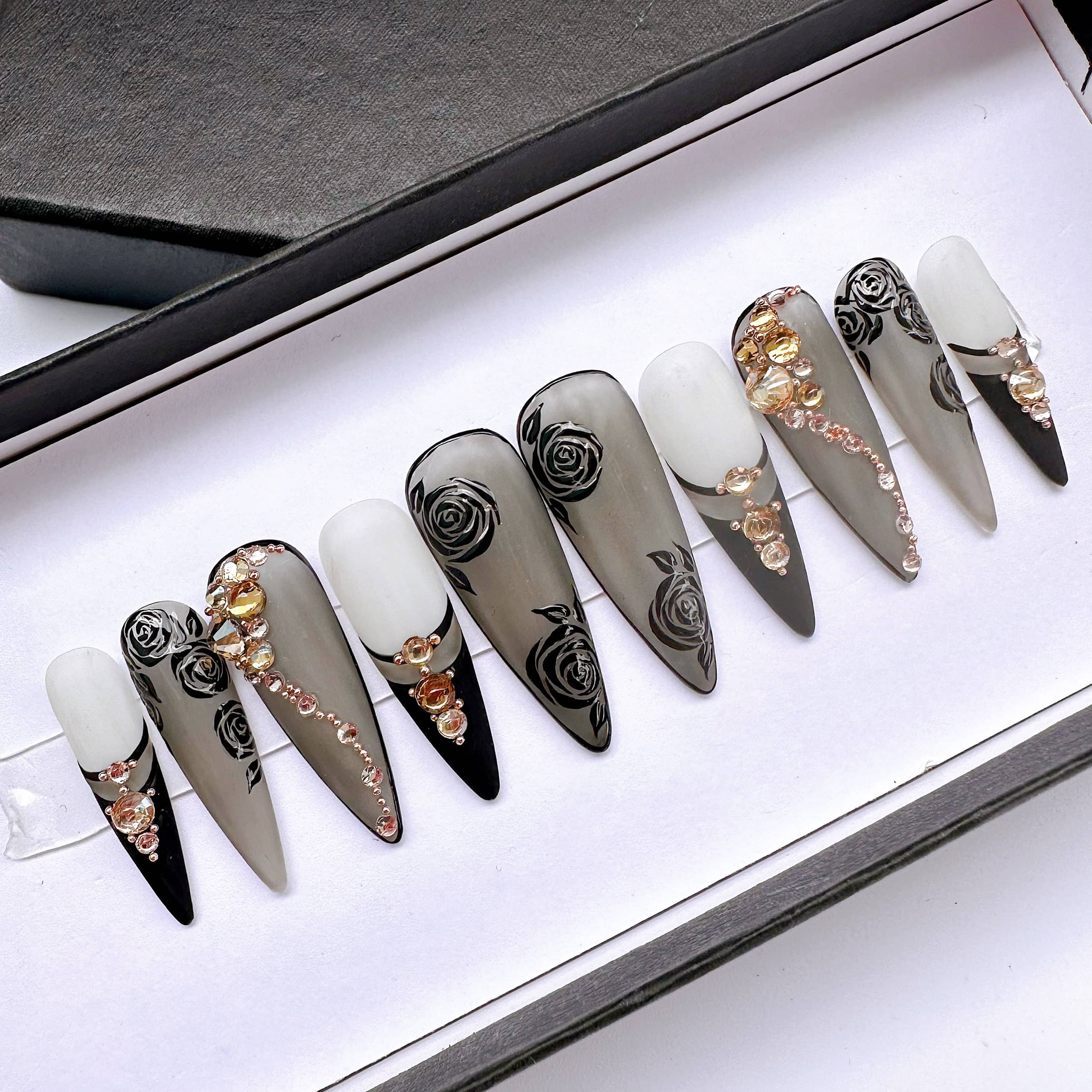 Vintage Black Rose Press On NailsVintage Black Rose Press On Nails - SAYEGIRLS