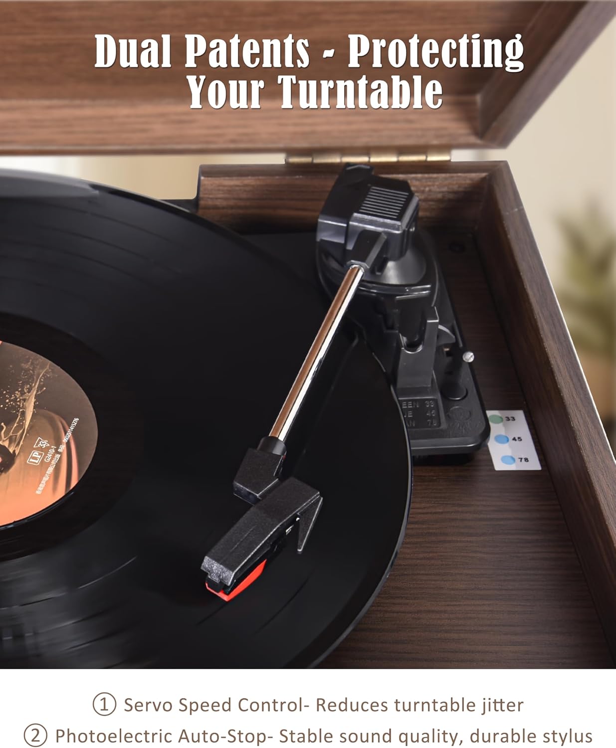 OTIC All-in-One Vinyl Record Player with Speakers, 3-Speed Turntable, Bluetooth Wireless Playback AM/FM Radio Aux-in, Auto-Stop Retro Wooden Design Home Audio&Gift for Music Lovers
