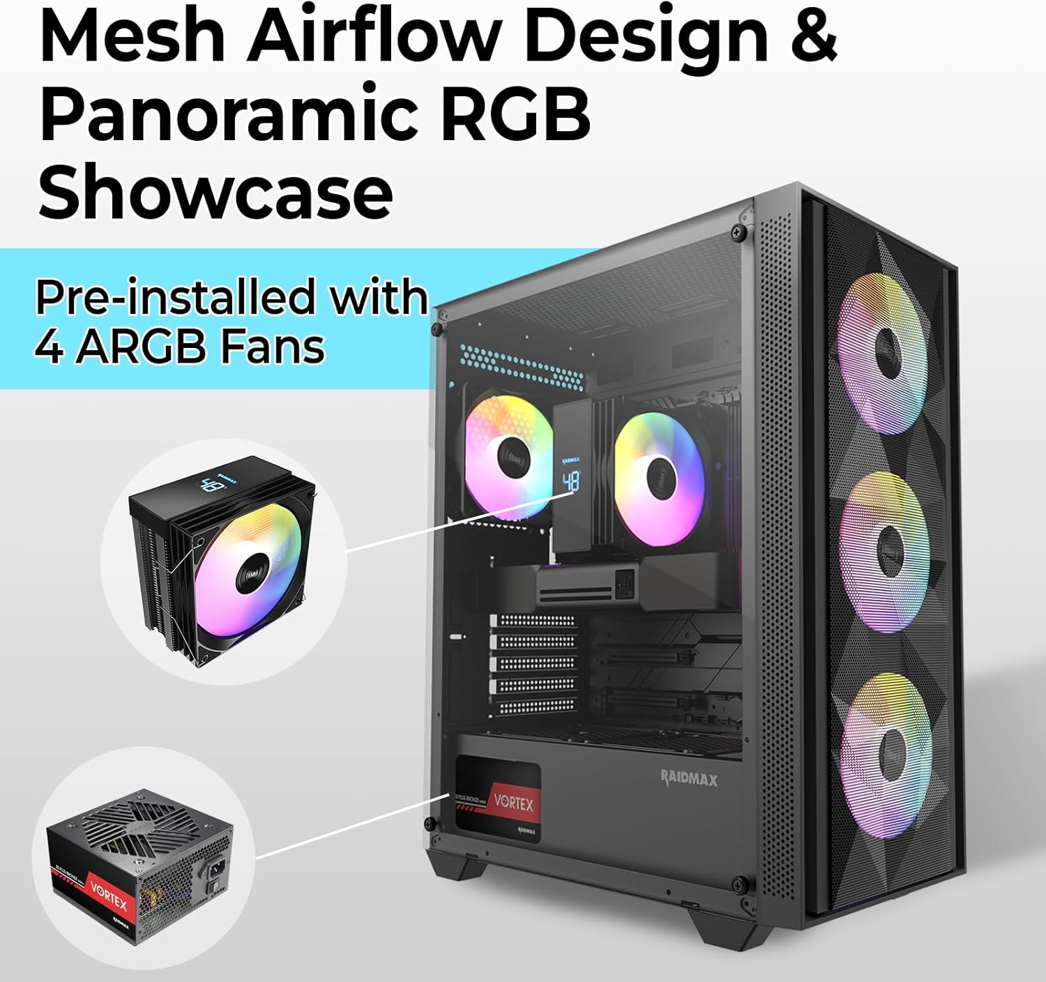 RAIDMAX V ARGB ATX Mid Tower Gaming Bundle, Mesh High-Airflow Front Panel, 4X 120mm ARGB Fans, Tempered Glass Side Panel, Includes 700W PSU & Digital Temperature Display Air Cooler (V217BF Bundle)