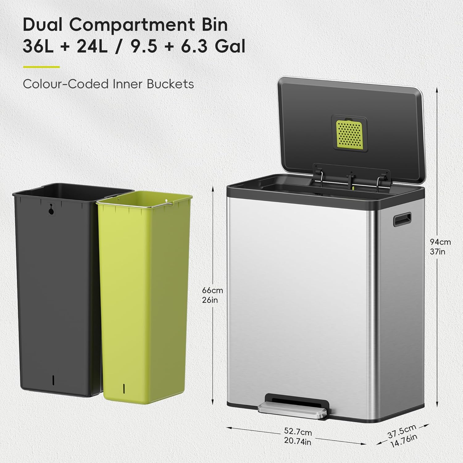 EKO EcoCasa II 36L+24L Dual Trash Can with Recycle Bin, Stainless Steel Garbage Can with Lid, Deodorizer Compartment, Odor-Proof and Fingerprint Resistant