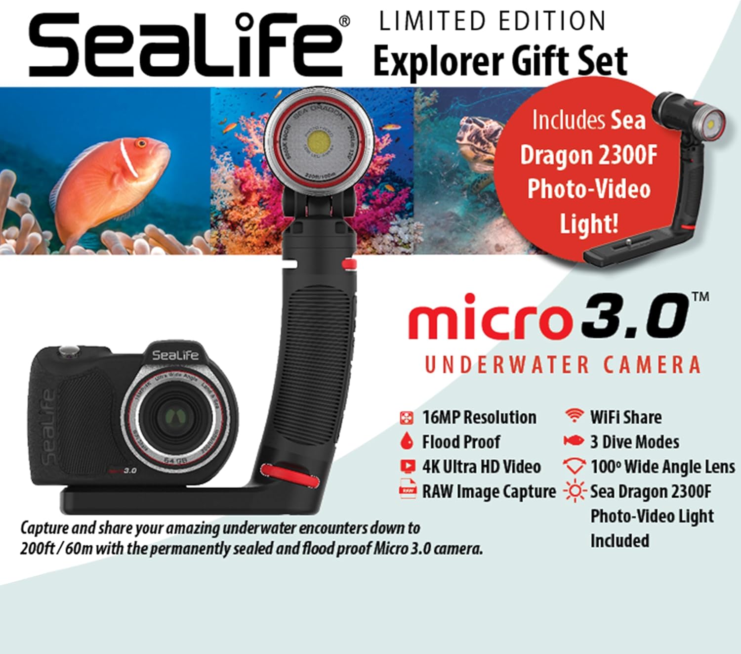 SeaLife Micro 3.0 Limited Edition Explorer Underwater Camera Gift Set for Photography & Video, Easy Set-up, Includes Sea Dragon 2300 Photo-Video Light