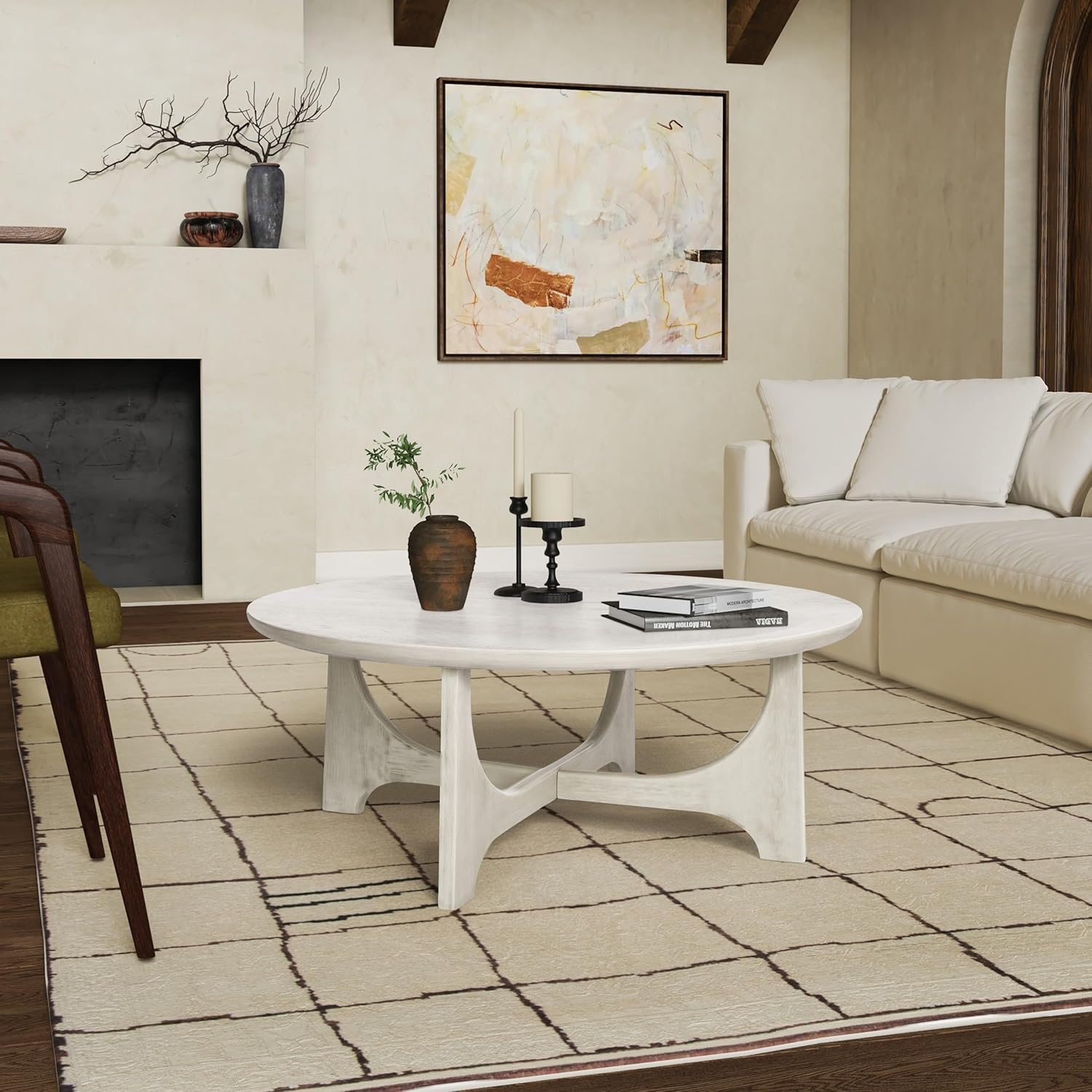 SAFAVIEH Furniture - Sasha Wood Coffee Table - White Washed - Wood - Modern Round Design - Ideal for Living Room, Family Room, Lounge, 40