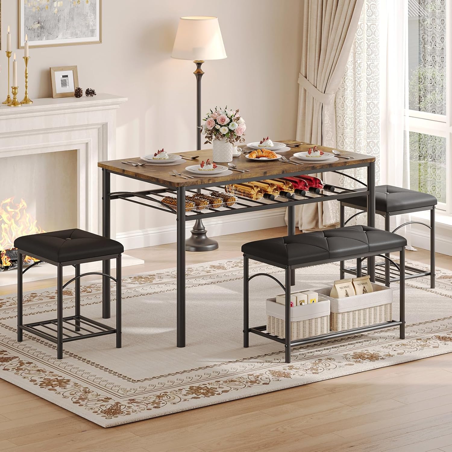 GarveeHome Dining Table Set for 4 with Upholstered Benches and 2 Stools, Modern Space Saving Kitchen Breakfast Table, Ideal for Small Kitchens, Apartments, Studios, and Compact Living Spaces
