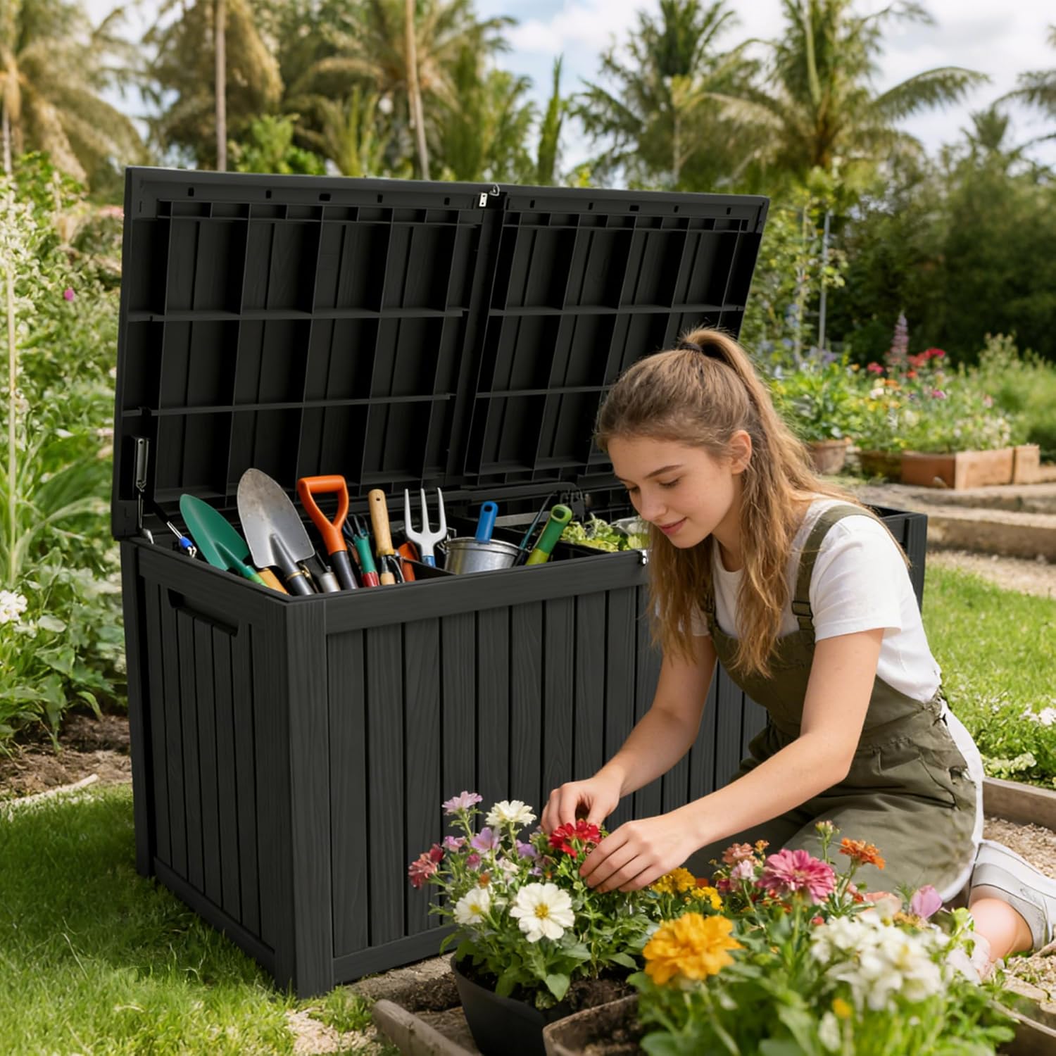 200 Gallon Outdoor Storage Box Resin Deck Box All Weather Waterproof Large Lockable Storage Container Deck Box for Patio Furniture, Garden Tools, Lockable, Black