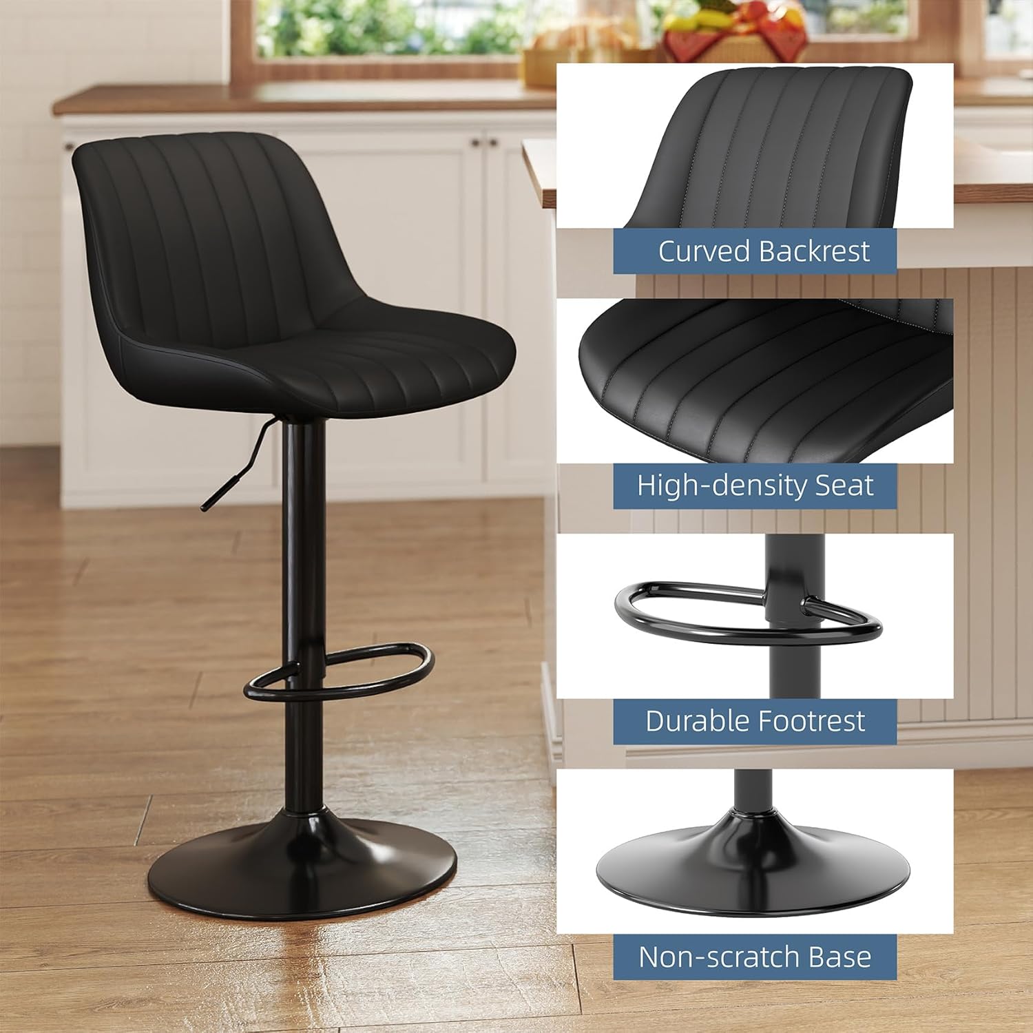 Youhauchair Bar Stools Set of 3, Swivel Counter Height Barstools with Back, Adjustable PU Leather Bar Chairs, Modern Armless Kitchen Island Stool, Black