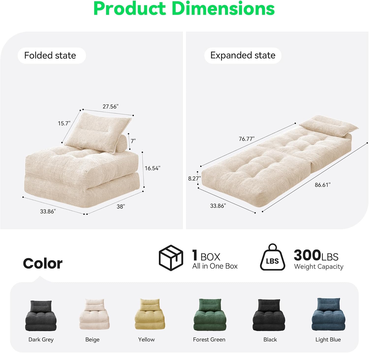 MONVANE Folding Sofa Bed, Fold Out Chair Bed with Pillow, Convertible Sleeper Chair for Living Room/Small Spaces, Foldable Lazy Sofa Bed Floor Chair, Comfy Teddy Velvet Couch Bed, Beige