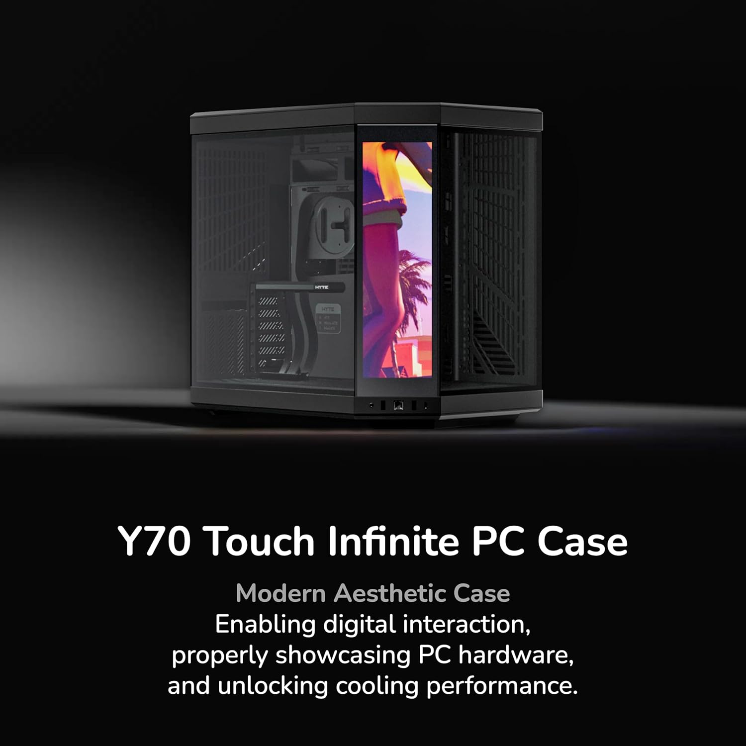 HYTE Y70 Touch Infinite Modern Aesthetic Gaming PC Case - Integrated 2.5K LCD Touchscreen Screen Display - Dual Chamber ATX Desktop Chassis - 10 Fan Capacity - Luxury PCIe 4.0 Riser Cable- Pitch Black