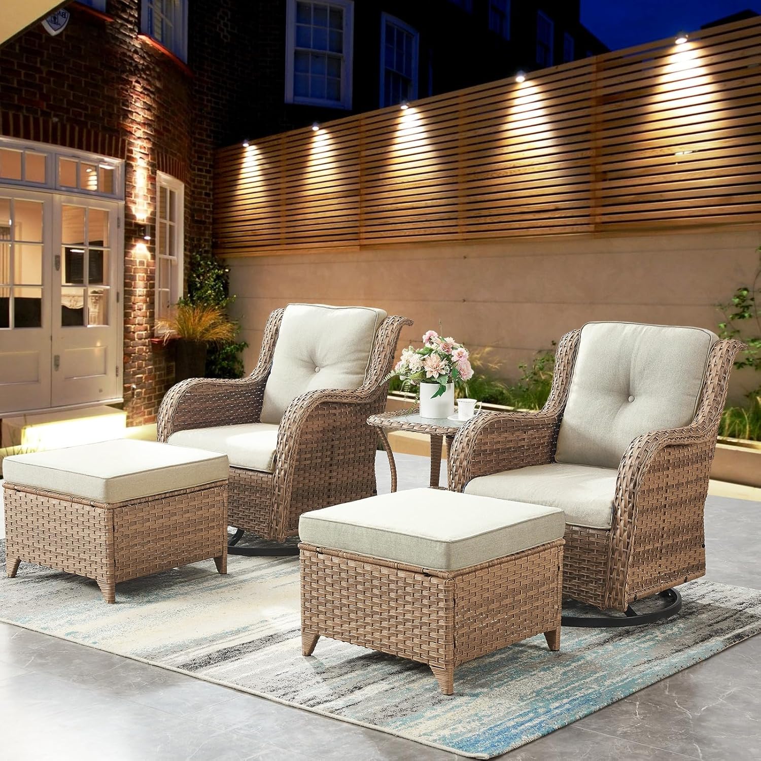 5 Piece Patio Swivel Rocker Furniture Set: Outdoor Swivel Glider Wicker Chairs with Ottomans Side Table, All Weather Outdoor Furniture Rocking Seating Set for Porch Balcony Garden, Yellow