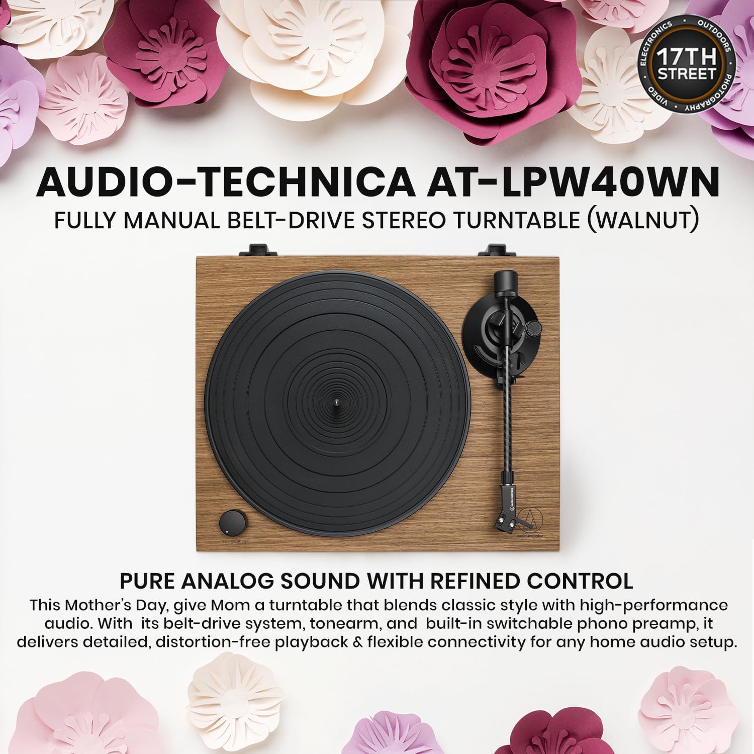 Audio-Technica AT-LPW40WN Fully Manual Belt-Drive Stereo Turntable (Walnut) with 4 Inch Powered Bookshelf Speakers (Pair), Premium Vinyl Record Cleaning Kit and Cork Turntable Platter Mat - Bundle Set