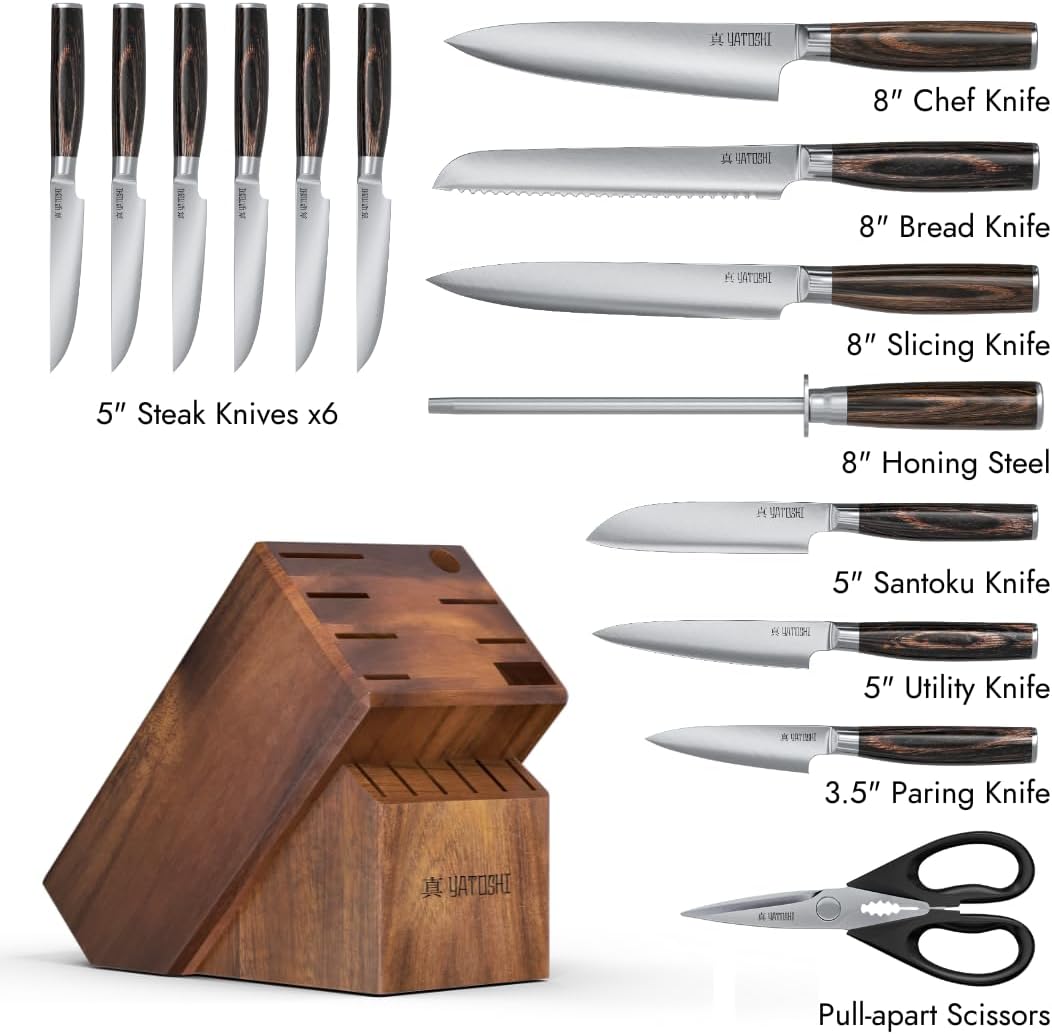 Yatoshi 15 Piece Knife Block Set - Pro Kitchen Knife Set Ultra Sharp High Carbon Stainless Steel with Ergonomic Handle, New