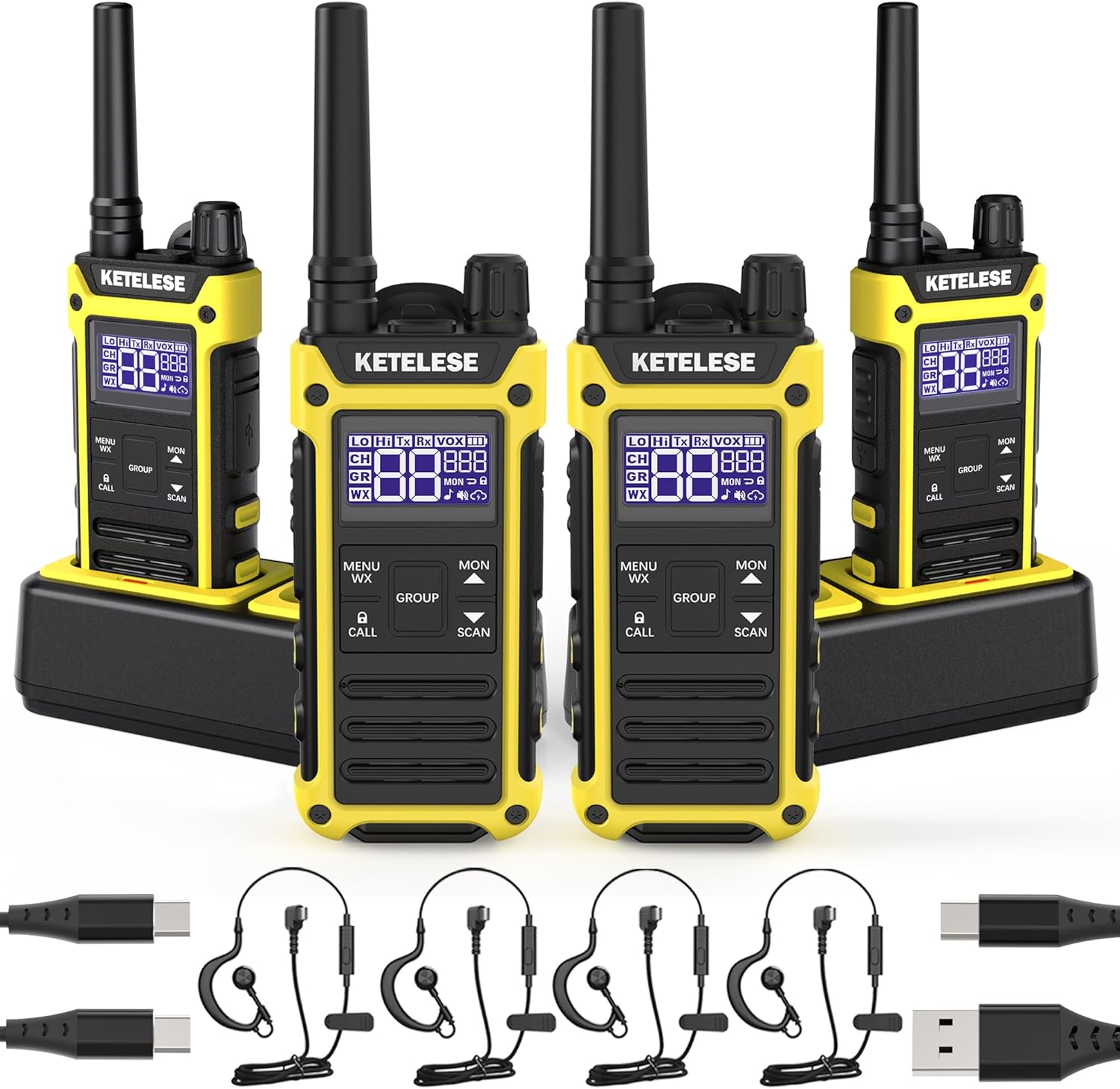 KETELESE T3F IP67 Waterproof Two Way Radios, FRS Walkie Talkie 4 Pack with Earpieces,USB C Charge Dock,Group Talk,Flashlight,VOX,Weather Alert, for Adults, Black/Yellow