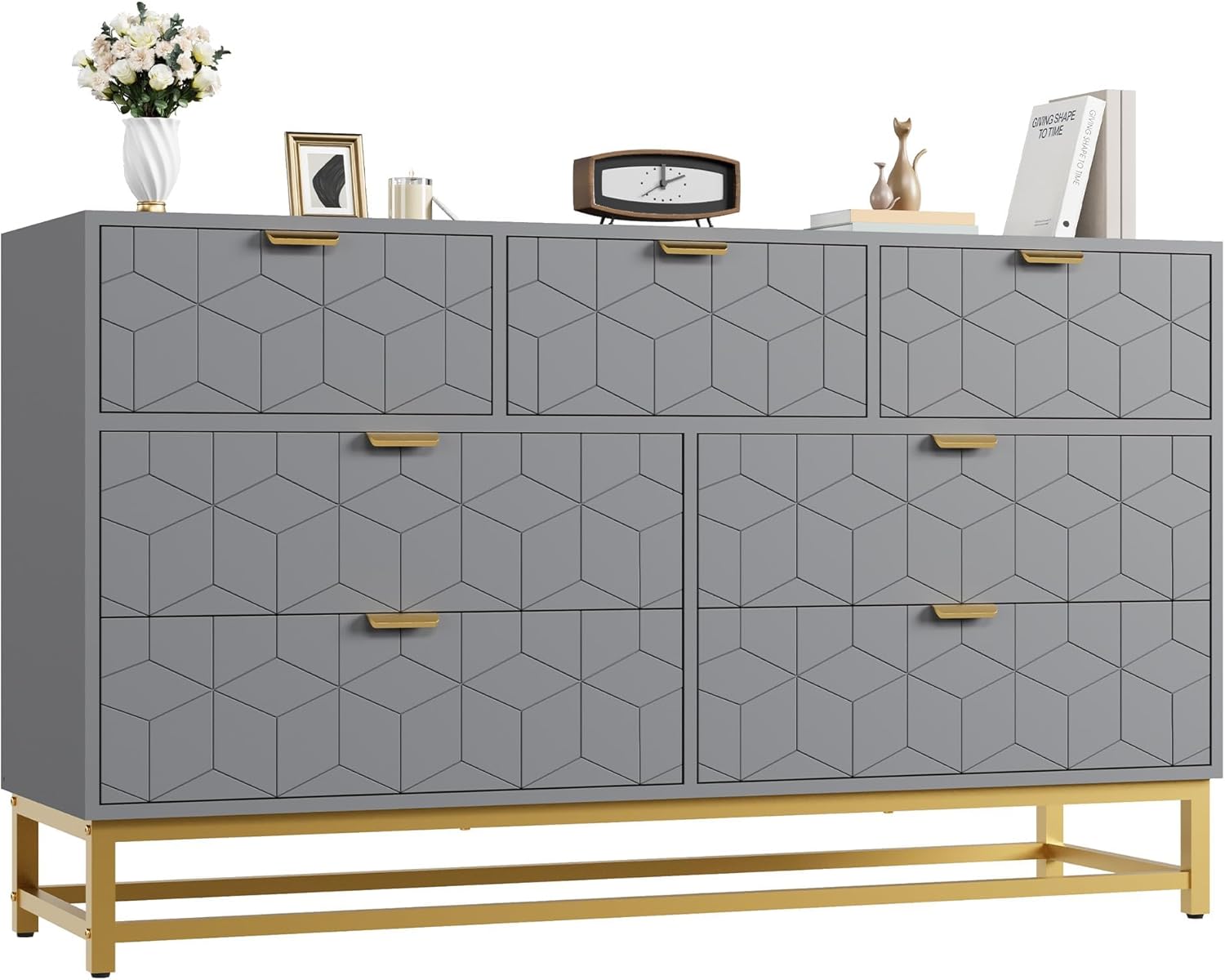 IDEALHOUSE Grey 7 Drawer Dresser for Bedroom, 53.5” Large Dresser with Metal Legs, Modern Chest Organizer with Wide Storage, Chest of Drawers for Bedroom, Living Room, Entryway
