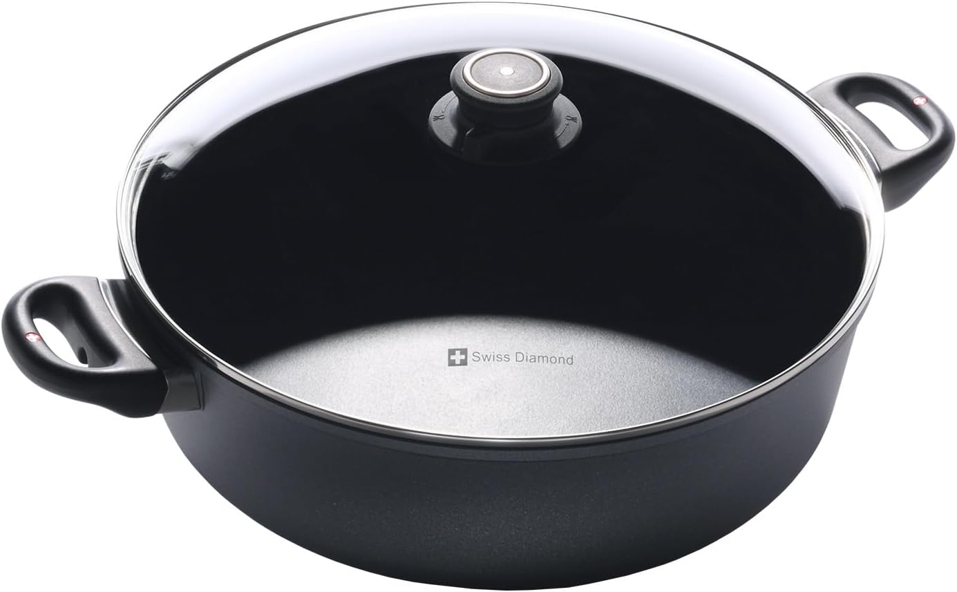 Swiss Diamond Braiser Pan with Lid, Features Double Handles, Nonstick Diamond Coated Braising Pan with Lid Oven Safe & Dishwasher Safe, 12.5