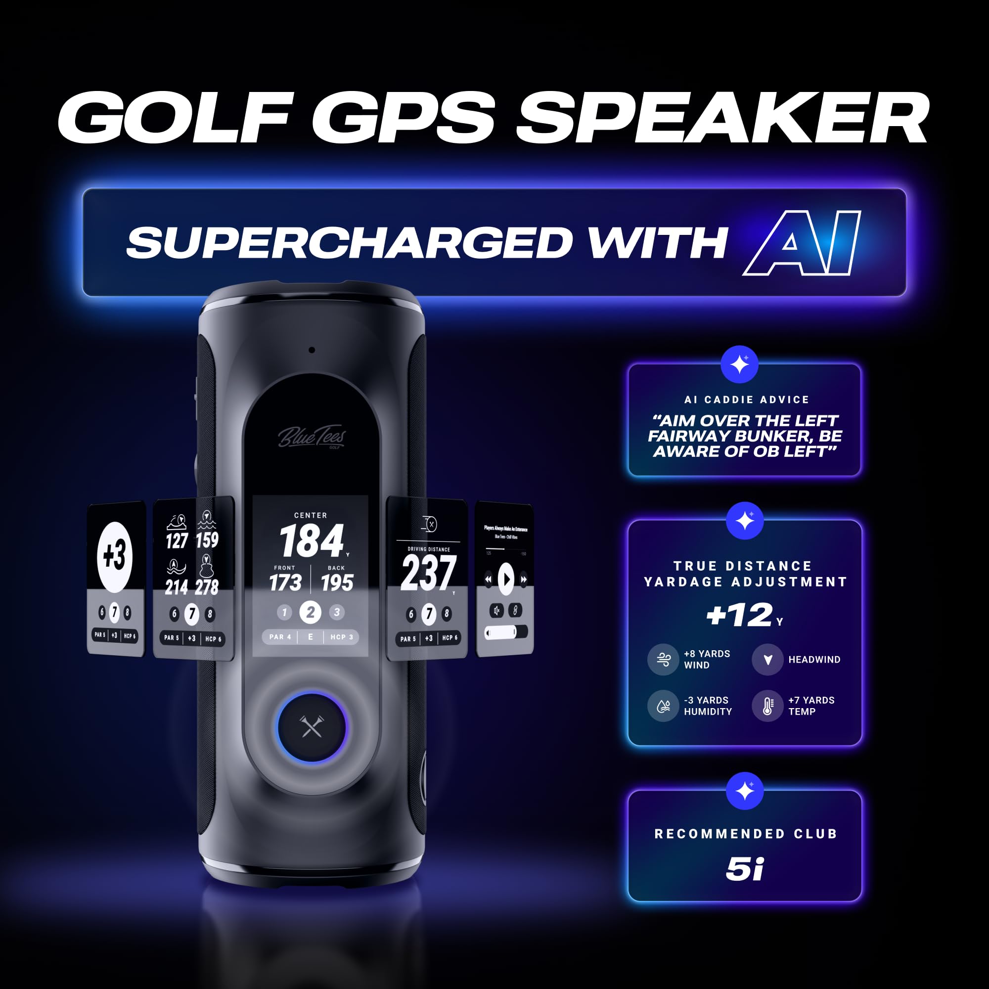 BLUE TEES GOLF Player AI GPS Speaker - Touchscreen, Waterproof, 40k Courses