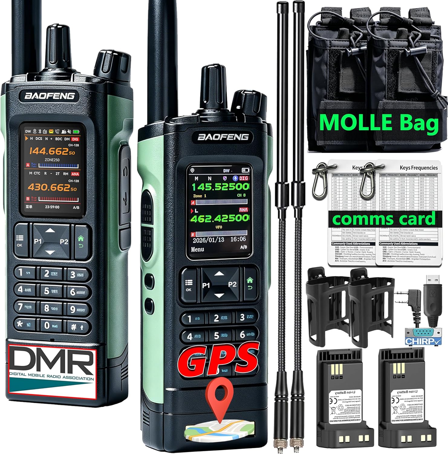 BAOFENG DM32 DMR Radio,DM-32UV Digital Two-Way Radio,Long Range Walkie Talkies,10W Handheld Ham Radio with GPS & APRS,NOAA | Tactical Antenna, MOLLE Bag & Comms Card | Programming & Type-C Charging