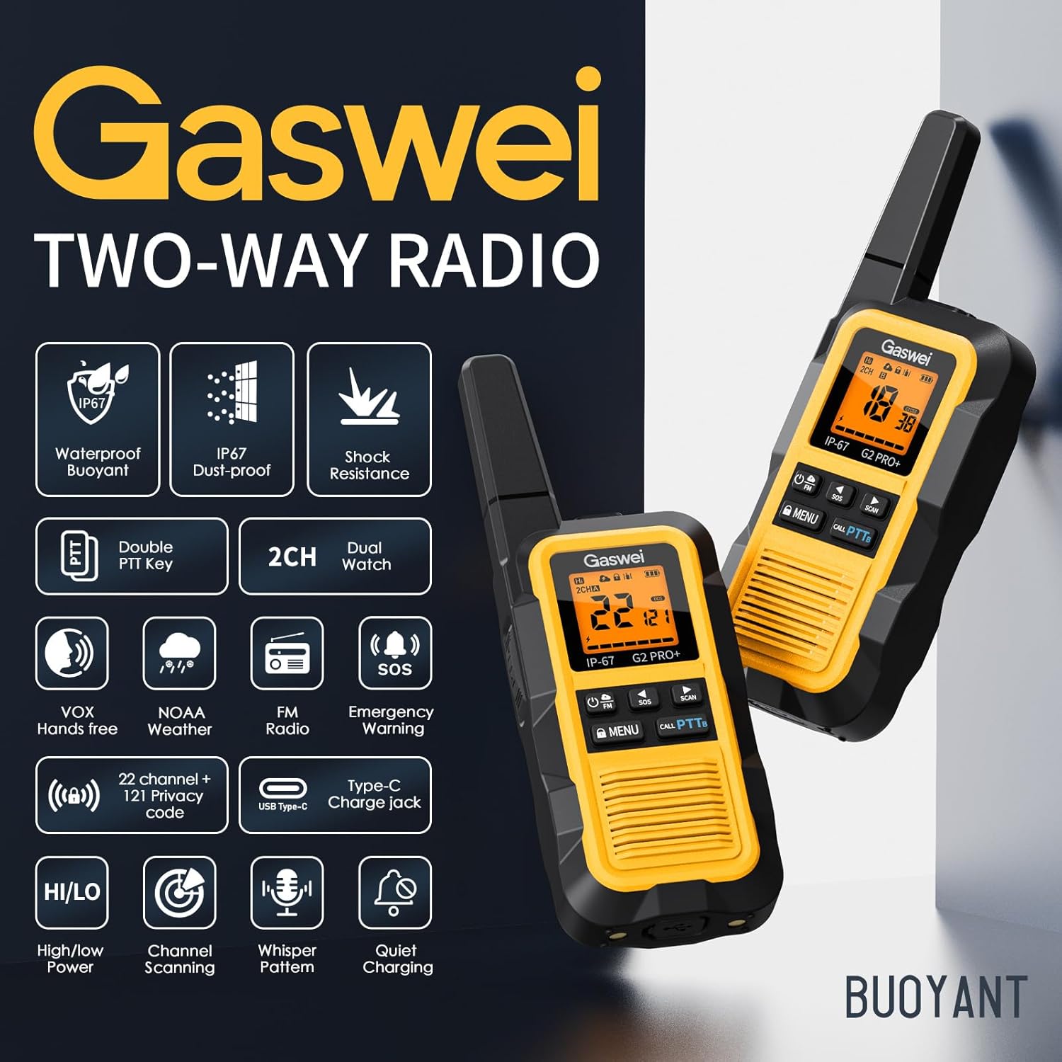 Gaswei G2Pro+ Heavy-Duty Walkie Talkies IP67 Waterproof Two-Way Radios with NOAA Weather Alert & Floating | 2-Watt Long Range for Job Sites, Hunting | Dual PTT, FM Radio, SOS, VOX​（4pack）