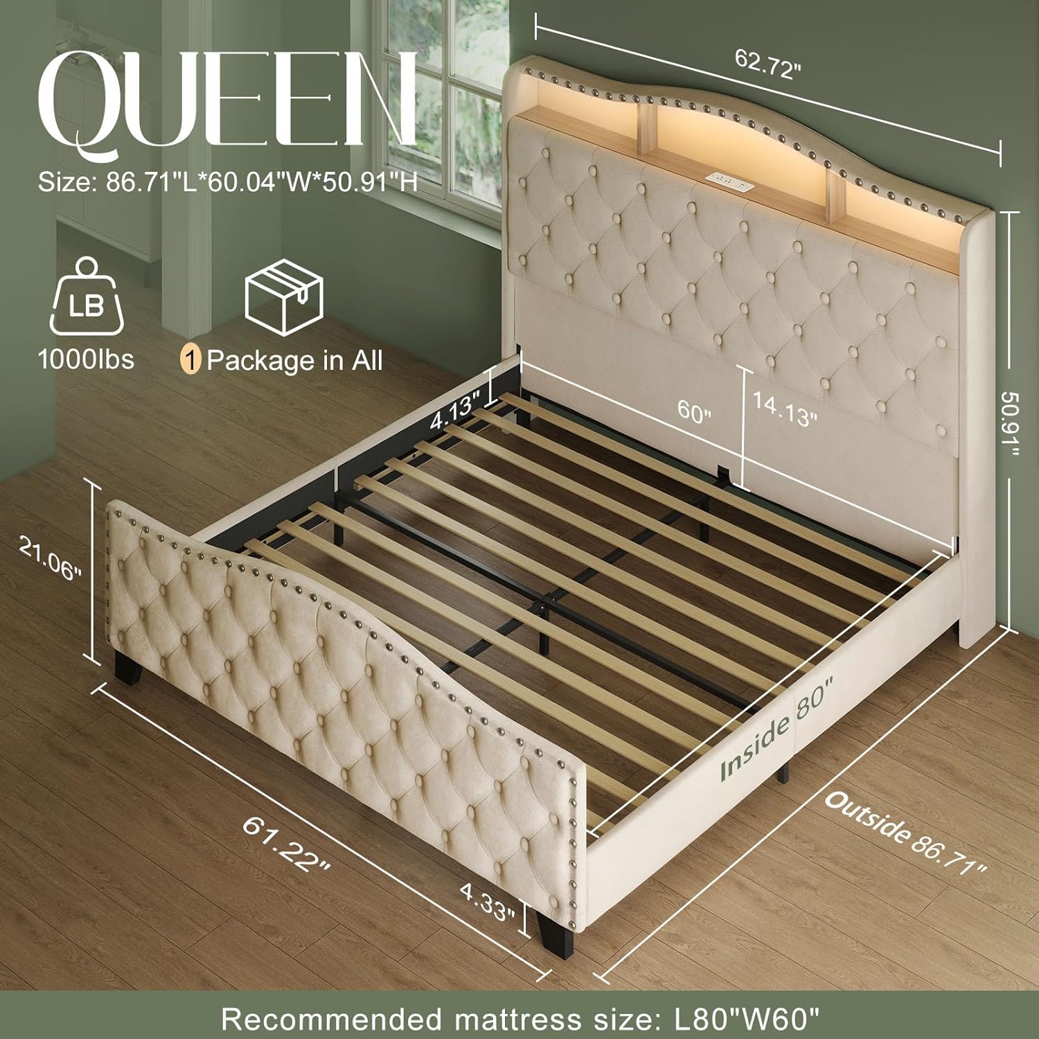 Belffin Queen Size Bed Frame and Headboard, 50.9