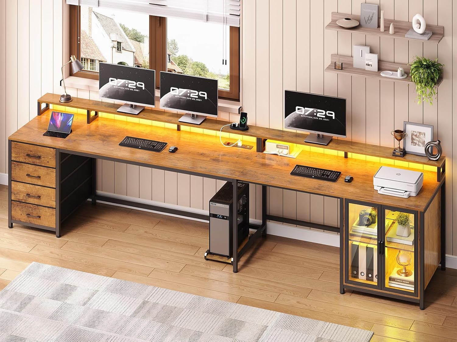 SEDETA L Shaped Gaming Desk with 4 Drawers, 109” Computer Desk with Display Cabinet, Home Office Desks with 2 Monitor Stands, CPU Stand, LED Lights and Power Outlet, Rustic Brown