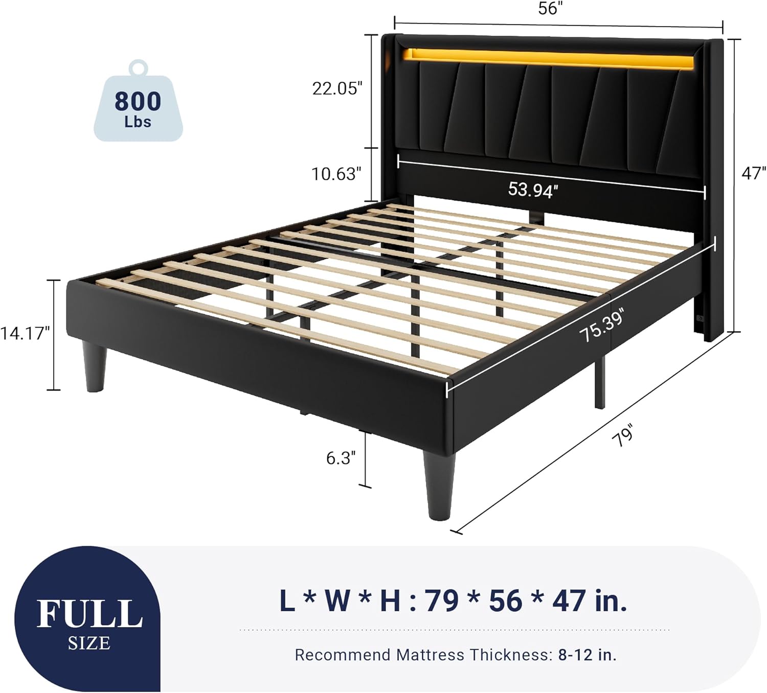Allewie Full Size LED Bed Frame with Charging Station, Velvet Upholstered Platform Bed with Geometric Wingback Headboard, Modern Frame with No Box Spring Needed, Easy Assembly, Black
