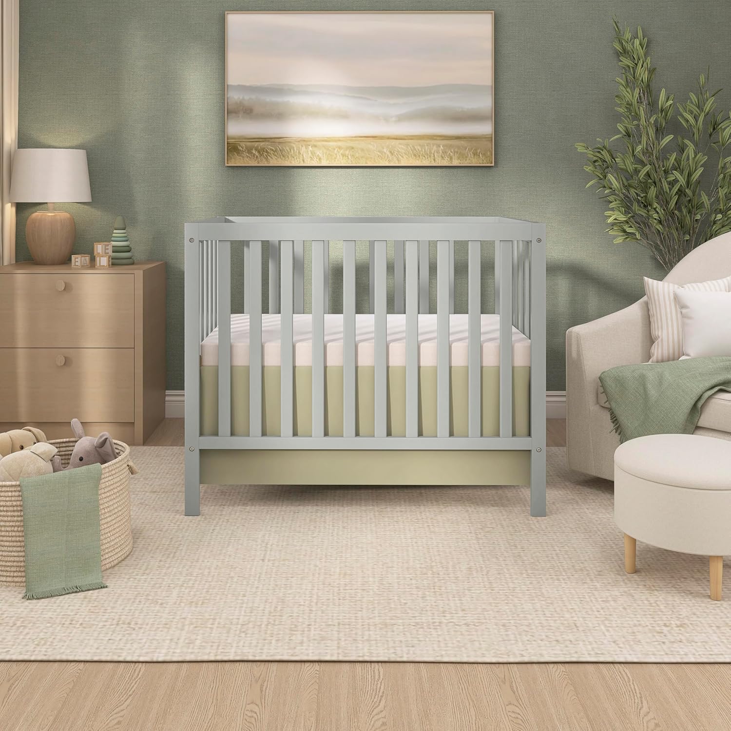 Dream On Me Edgewood 4-in-1 Convertible Mini Baby Crib in Cool Grey GreenGuard Gold & BSA, Non-Toxic, Compact 40×25×33″ Design, Converts to Mini Daybed & Twin Bed (Rails to Buy) 1″ Mattress Pad