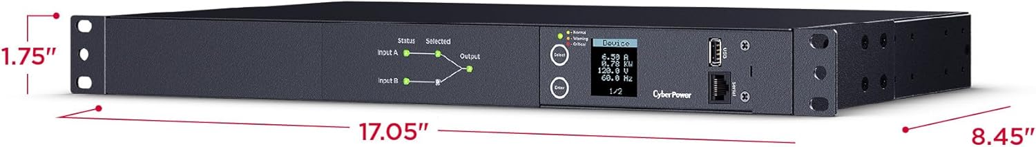 CyberPower PDU24001 Metered ATS PDU, 100-120V, 15A (Derated to 12A), 10 Outlets, 1U Rackmount