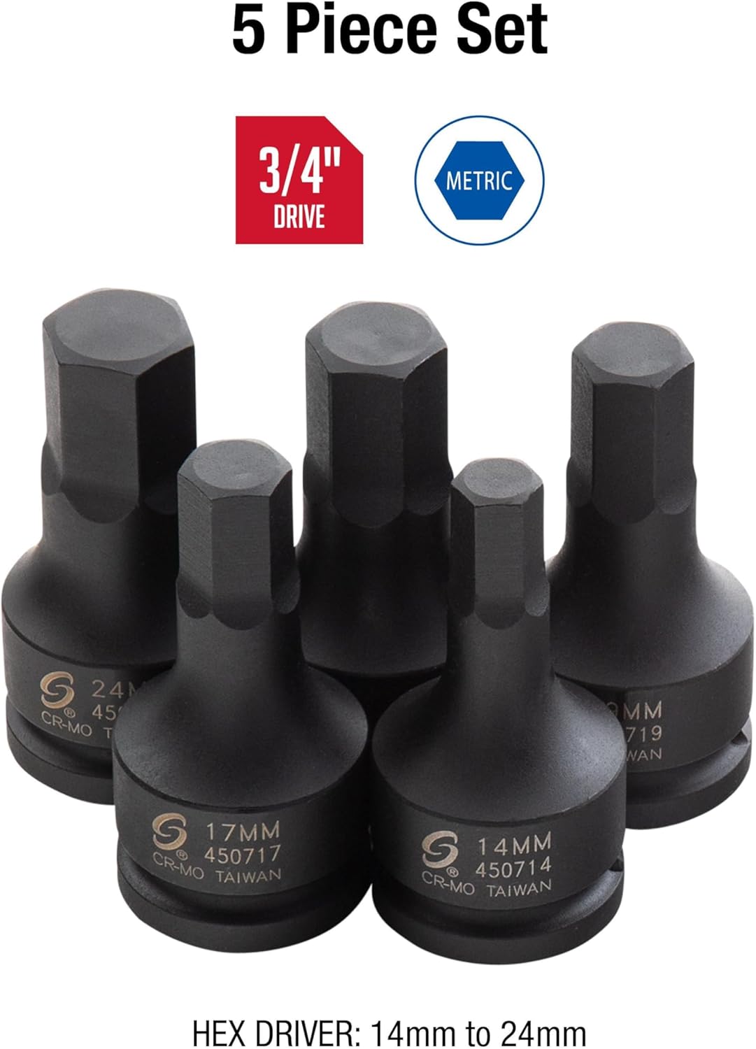 SUNEX TOOLS 4507, 3/4 Inch Drive Impact Hex Driver Set, 5-Piece, Metric, 14mm-24mm, Cr-Mo Steel, Dual Size Markings, Heavy Duty Storage Case