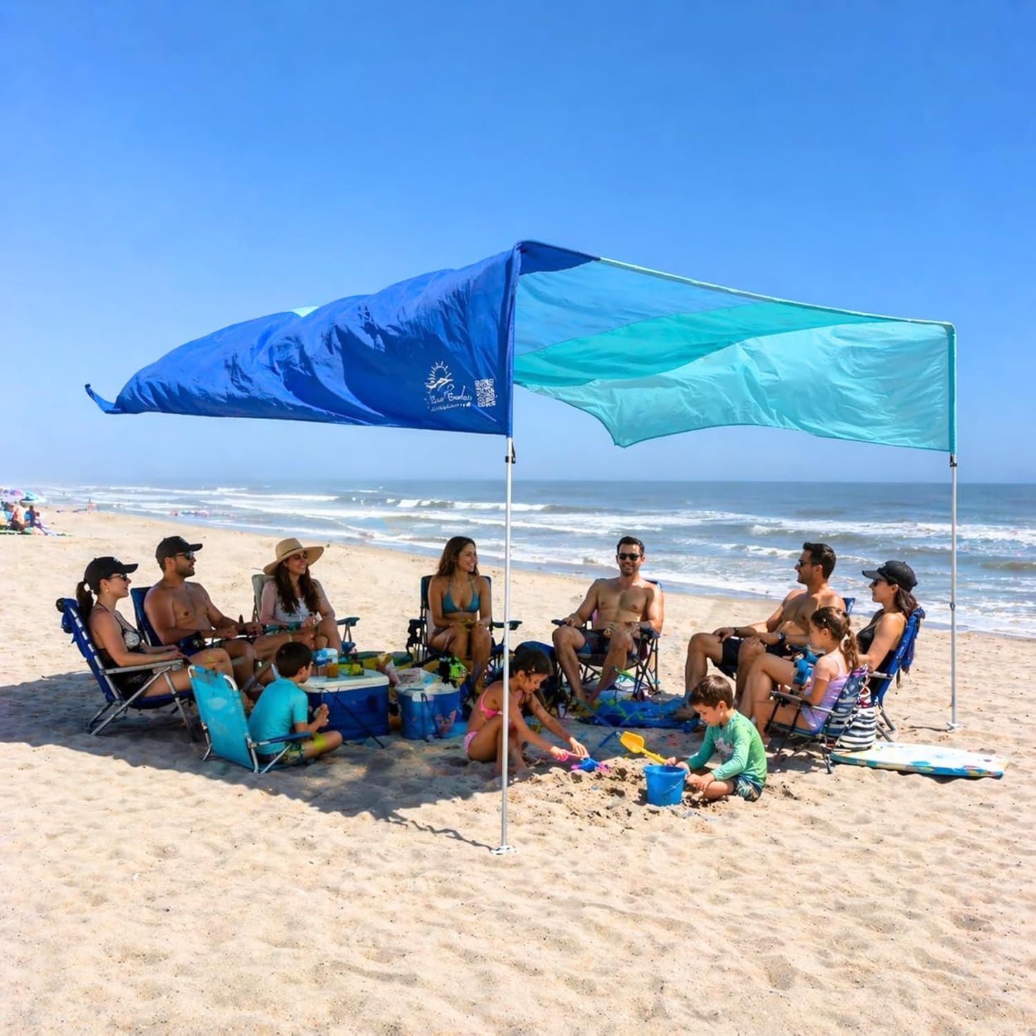 MillionShades® Beach Shade Canopy – No Ropes, No Sandbags, Quiet in Wind, 14x14 ft Wind-Propelled® Beach Shade Sail, UPF 50+, Grande for 10+ People