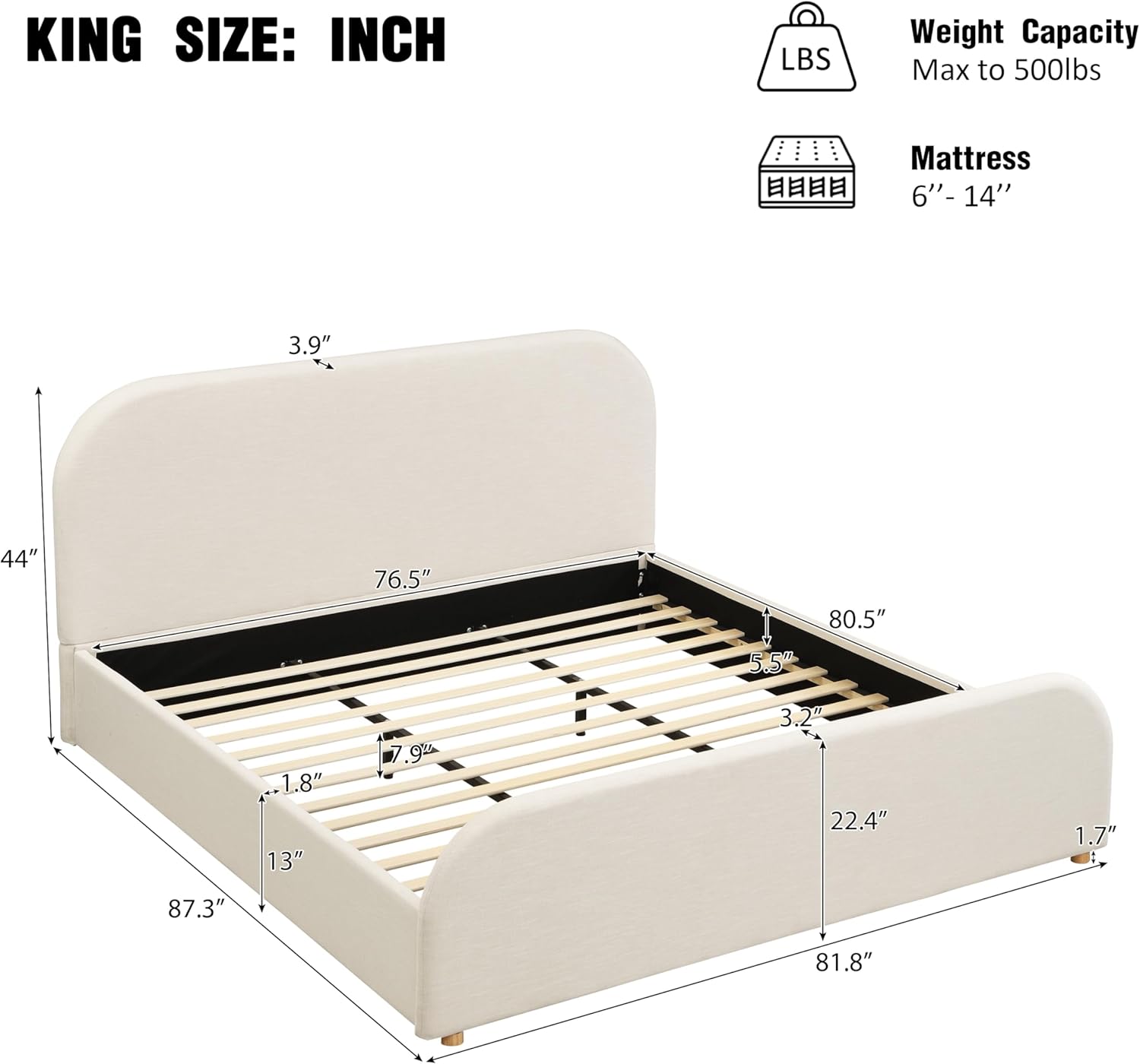 Christopher Knight Home Lanet Linen Upholstered King Size Bed Frame with Headboard, Modern King Bed Frame and Headboard, Wooden Slats Support, Easy Assembly, No Box Spring Needed, Beige