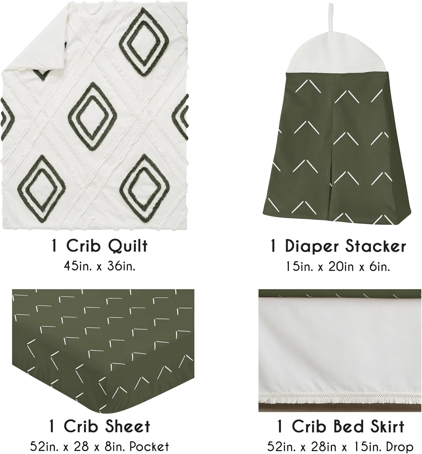Sweet Jojo Designs 4-Piece Baby Crib Bedding Set (Boho Chic) for Boys or Girls, Infants/Nursery incl. Cotton Blanket, Fitted Sheet, Skirt, Diaper Stacker (Sage Green, Gender Neutral, Unisex Farmhouse)