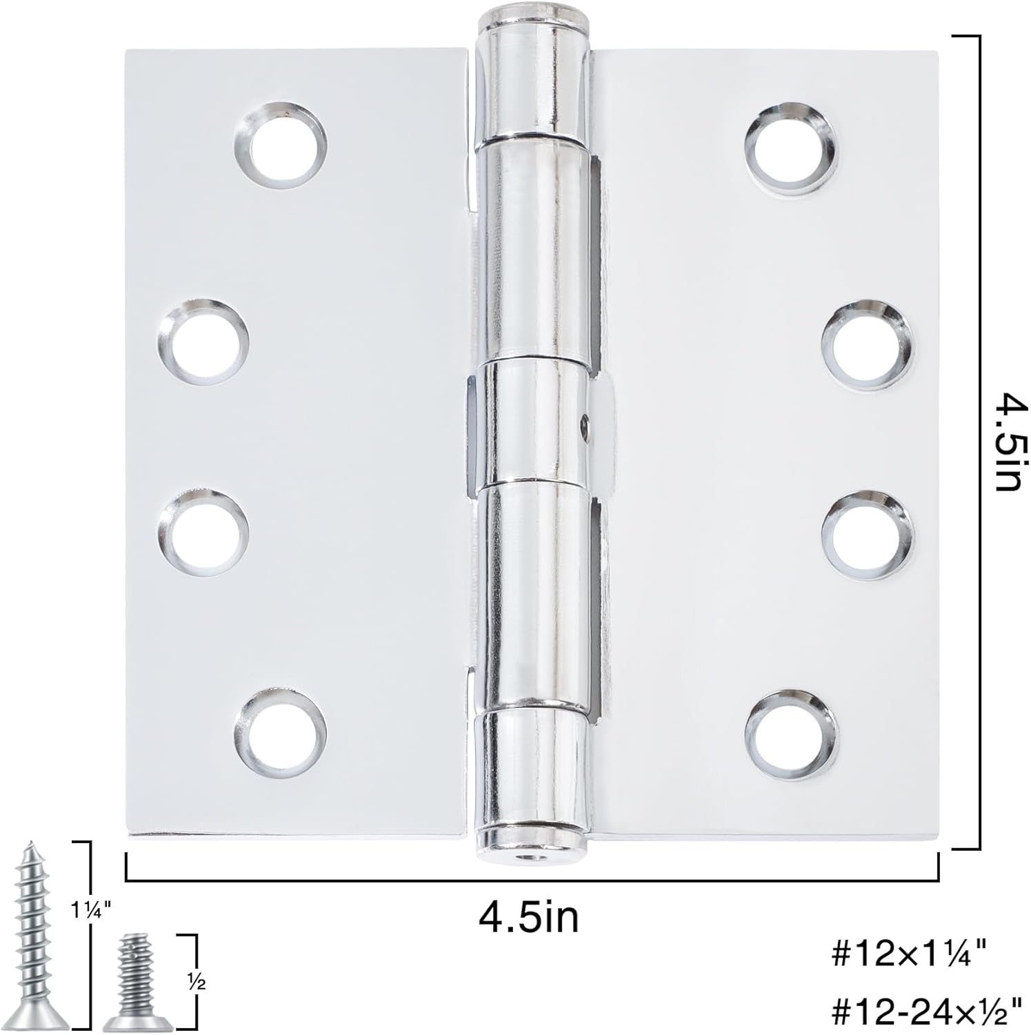 2 Pack 4.5 Inch Polished Chrome Square Corner Heavy Duty Door Hinges Commercial Door Hinges 4-1/2 x 4-1/2 Full Mortise Interior/Exterior Hinge for Doors Bifold Residential Office Cafe Garage
