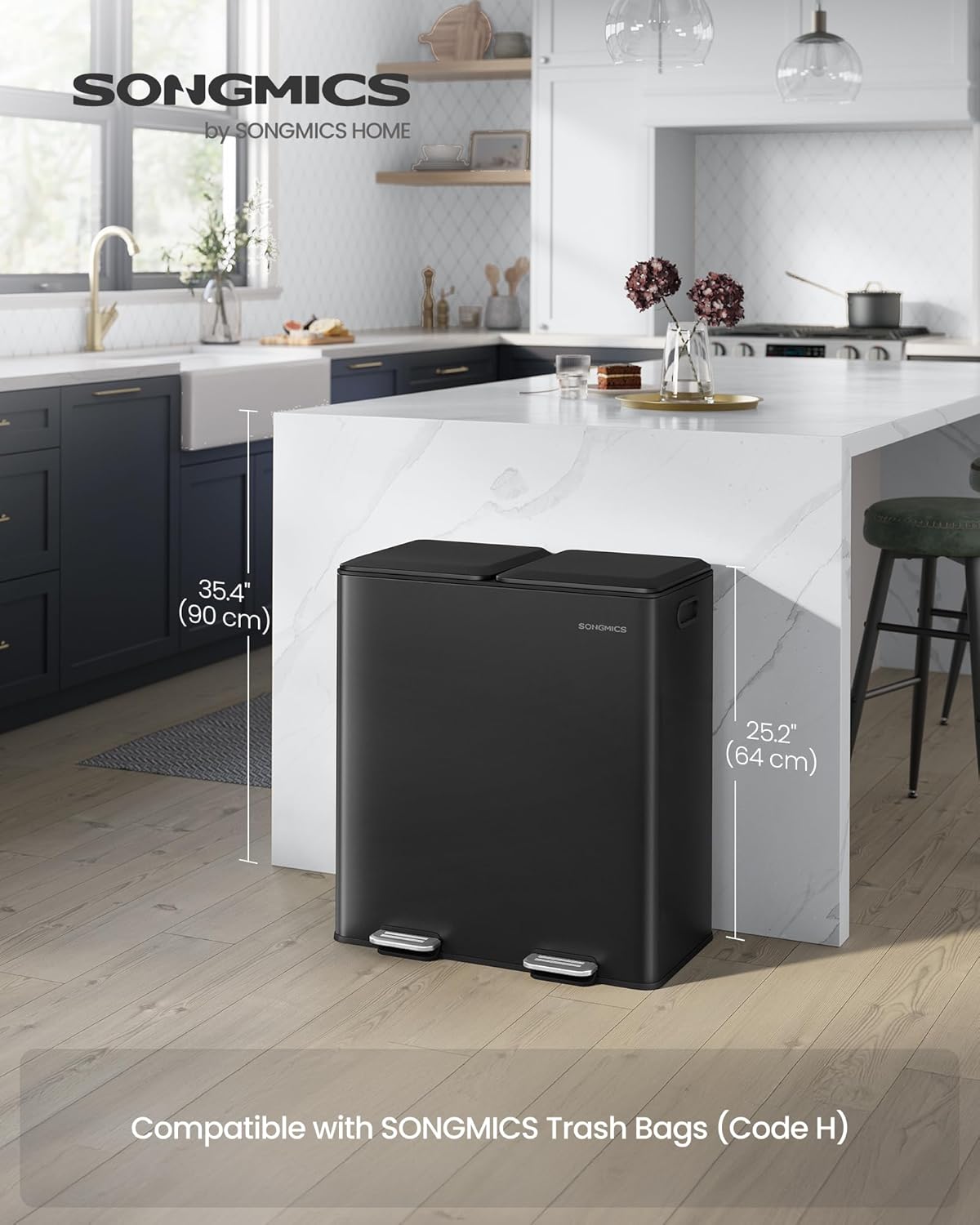SONGMICS Trash Can, 2 x 8 Gallon (2 x 30 L) Double Garbage Can with Soft-Close Lids, Removable Inner Buckets, Pedals, Stainless Steel, for Waste and Recycling, Ink Black ULTB743B01