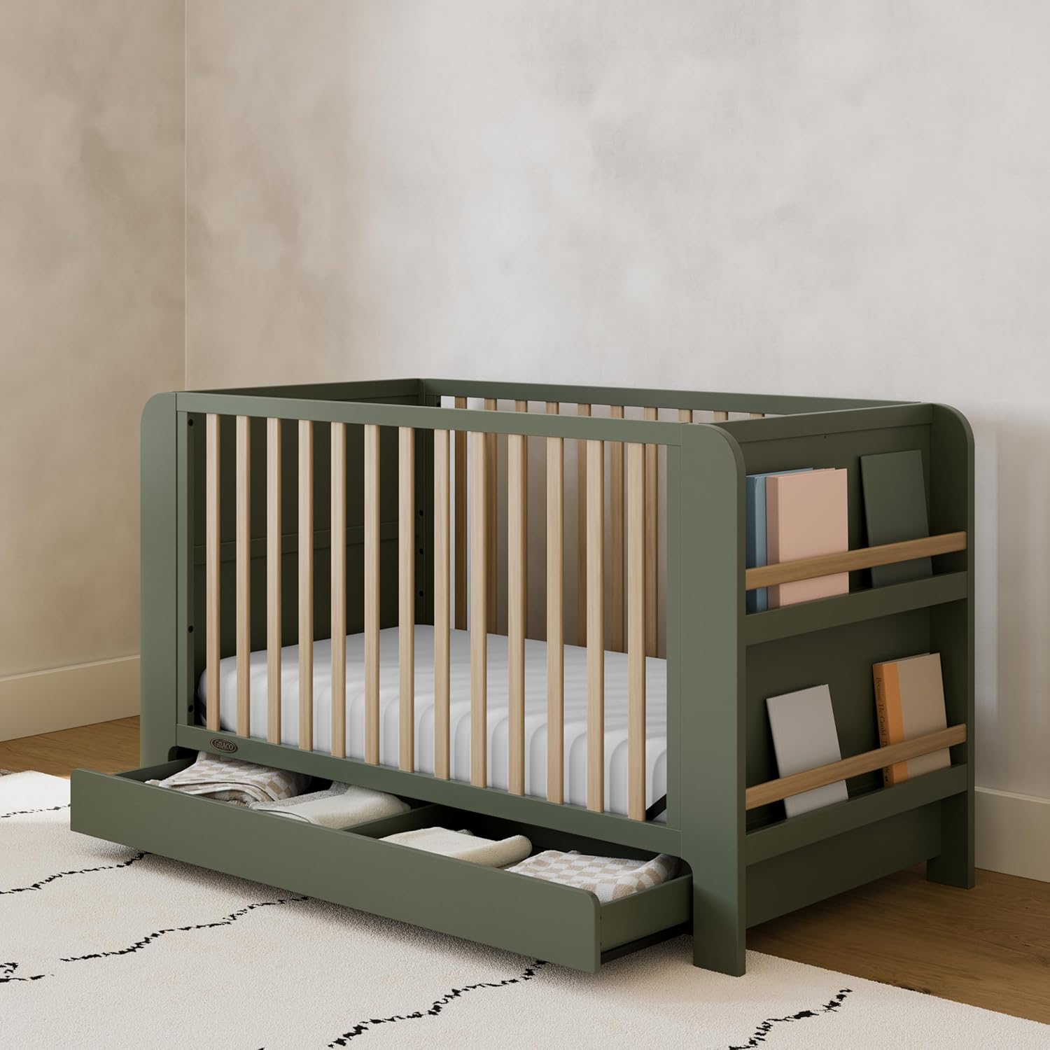Graco Read-with-Me 4-in-1 Convertible Crib with Drawer - GREENGUARD Gold Certified Converts to Toddler Bed, Daybed, and Functional Bookshelves (Olive and Driftwood)