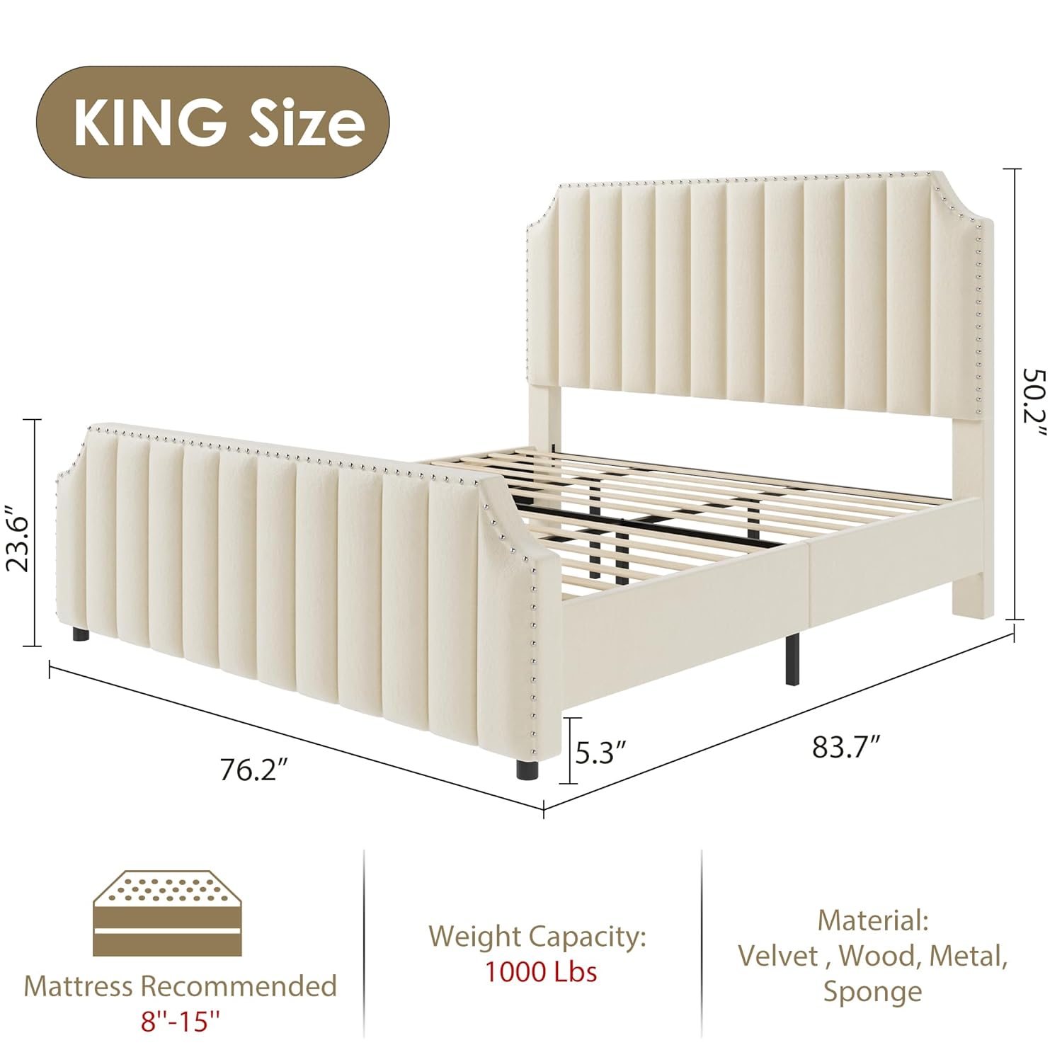 GarveeHome King Size Platform Bed Frame with 50.2 in Headboard, Velvet Upholstered Bed Frame with Vertical Channel Tufted Headboard & Footboard, Nailhead Trim, No Box Spring Needed, Cream