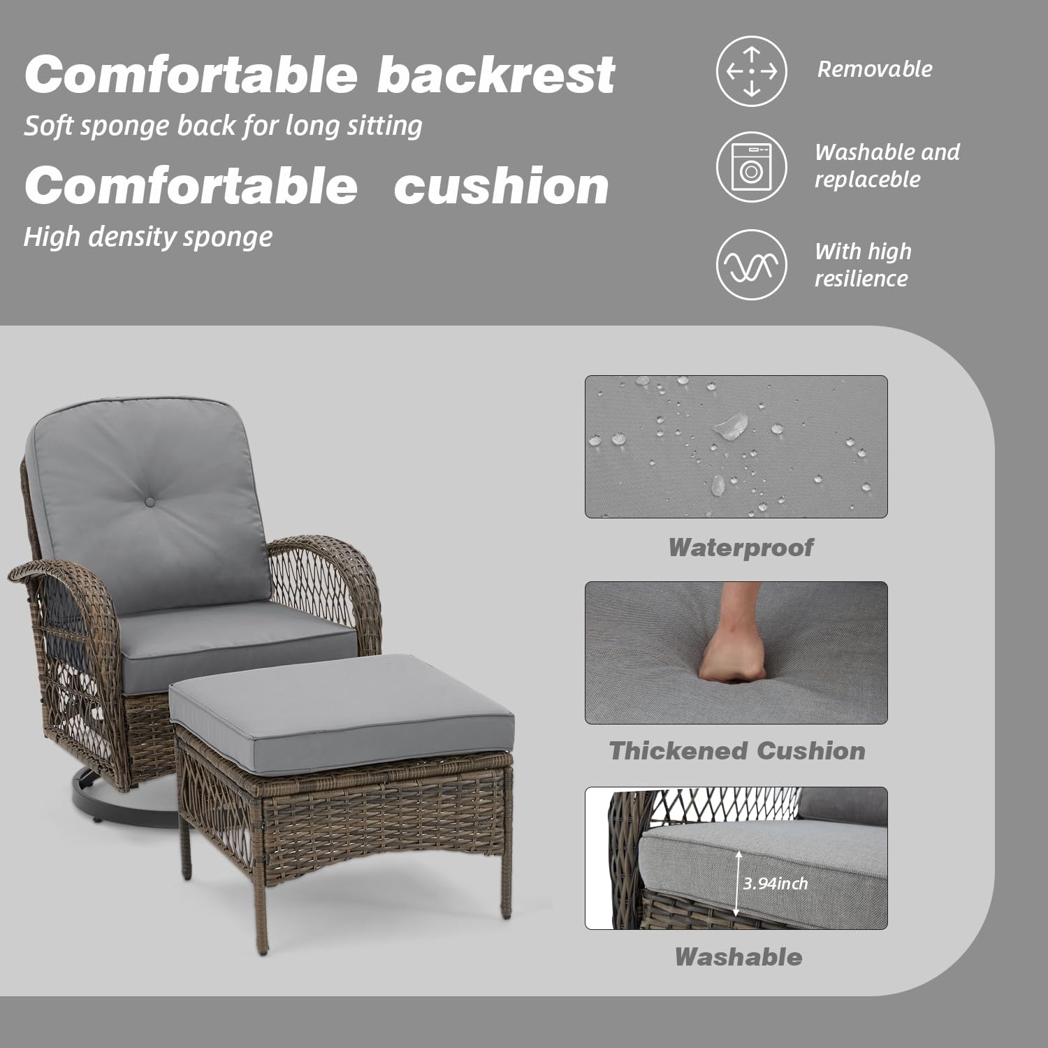 EROMMY 5 Pieces Outdoor Swivel Rocker Patio Chairs, 360 Degree Rocking Patio Conversation Set with Thickened Cushions, Glass Coffee Table and Ottomans for Backyard, Gray
