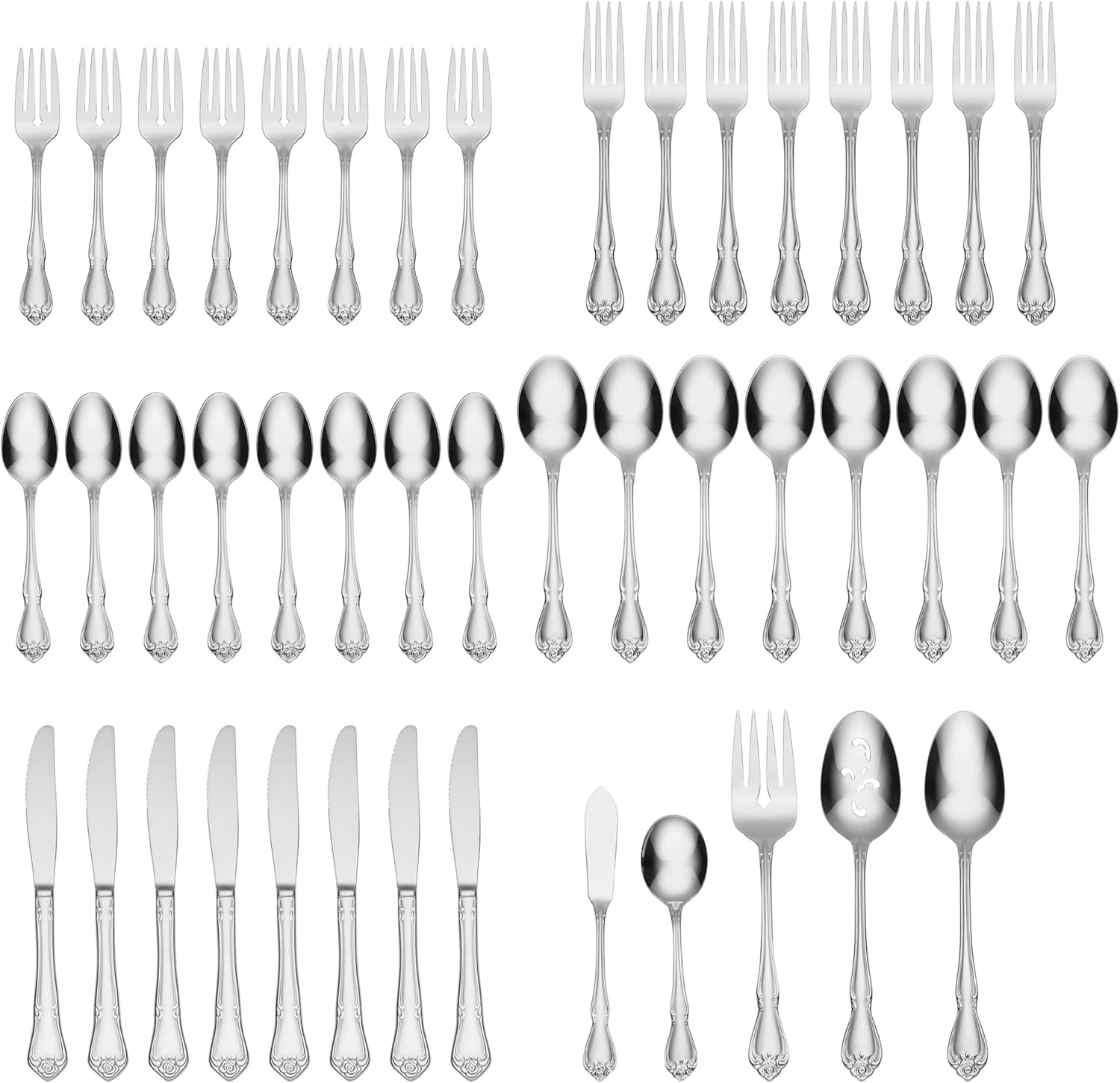 Oneida True Rose 45 Piece Everyday Flatware, Service for 8, 18/0 Stainless Steel, Silverware Set, Silver