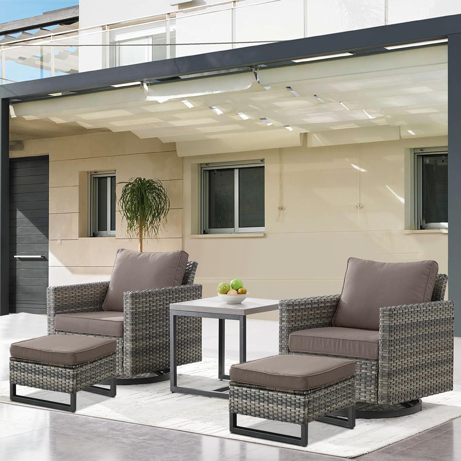 Outdoor Swivel Rocker Chairs - 5 Piece Patio Bistro Set Wicker Patio Rocking Chairs Set with Side Table and Ottomans, 360° Swivel Glider Proch Furniture for Balcony Deck - Grey/Grey
