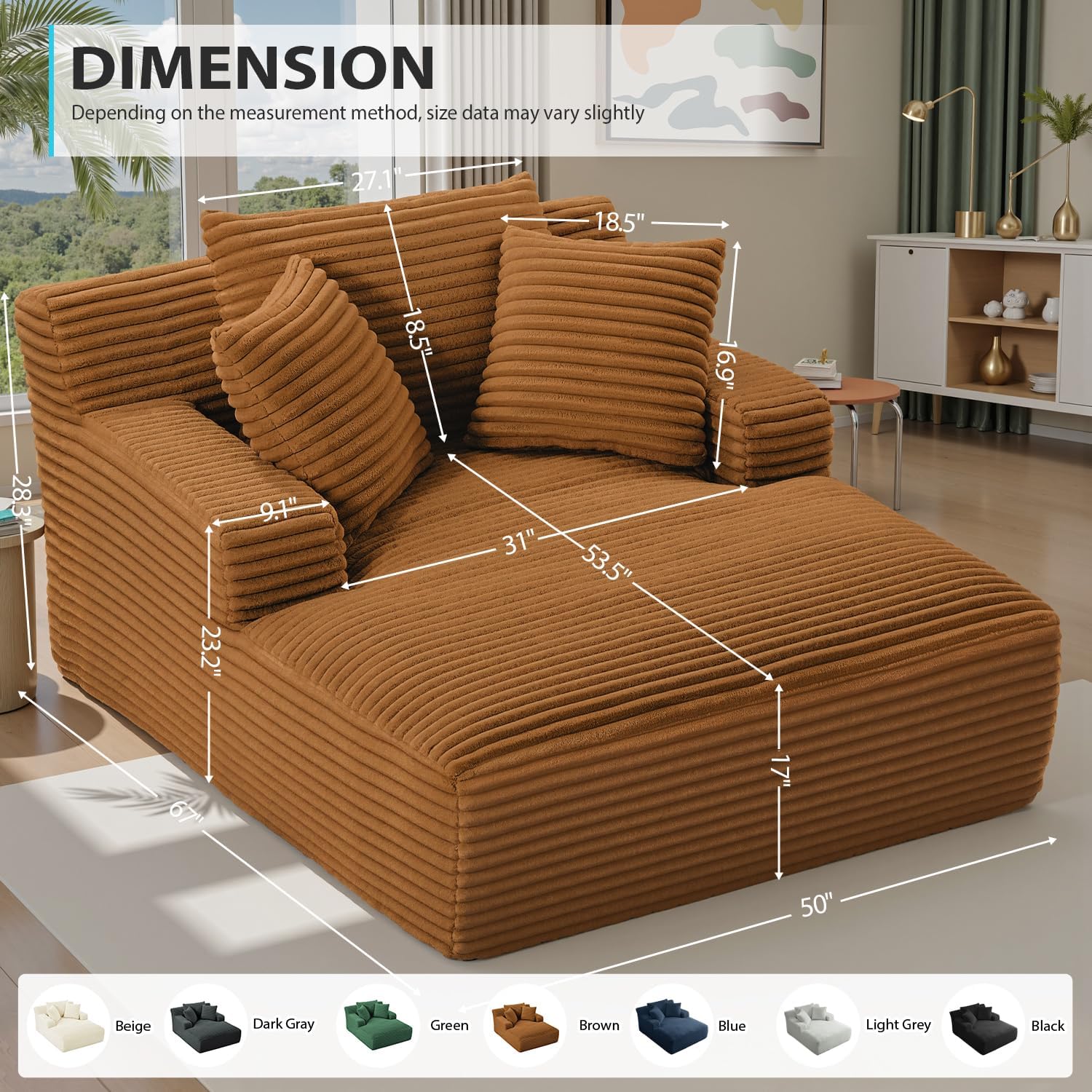 67 Inch Chaise Lounge Chair Indoor, Oversized Corduroy Upholstered Boneless Sofa Bed, Deep Seat Sleeper Couch Reading Chairs, Cloud Sofas Couches for Living Room, No Assembly Required (Orange)