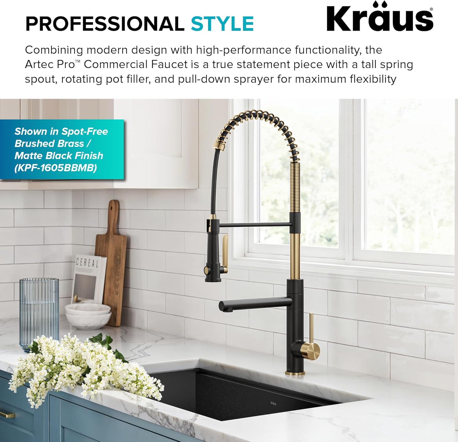 KRAUS Artec Pro Commercial Style 2-Function Single Handle Pull Down Kitchen Faucet with Pot Filler in Spot-Free Stainless Steel/Matte Black, KPF-1605SFSMB