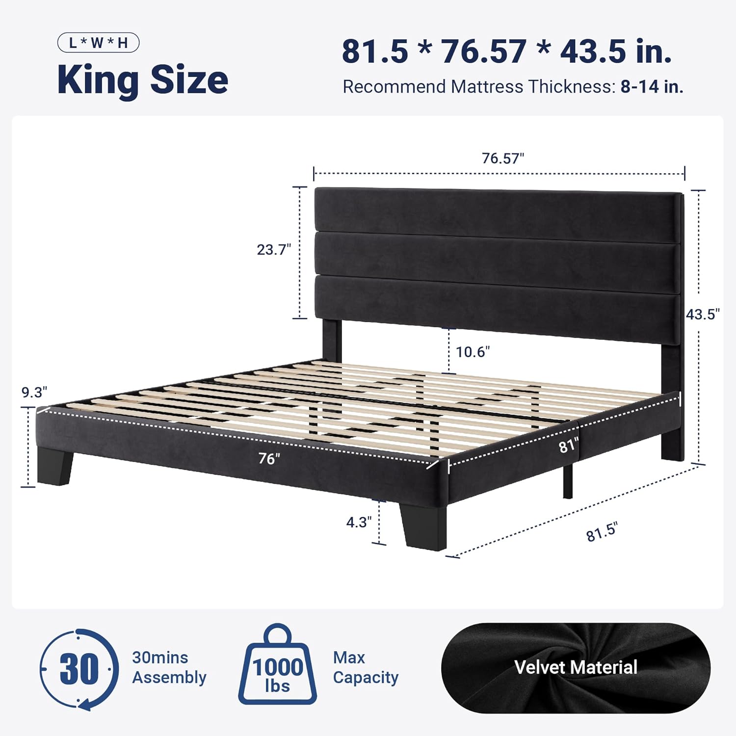 Allewie King Size Platform Bed Frame with Velvet Upholstered Headboard and Wooden Slats Support, Fully Upholstered Mattress Foundation/No Box Spring Needed/Easy Assembly, Black