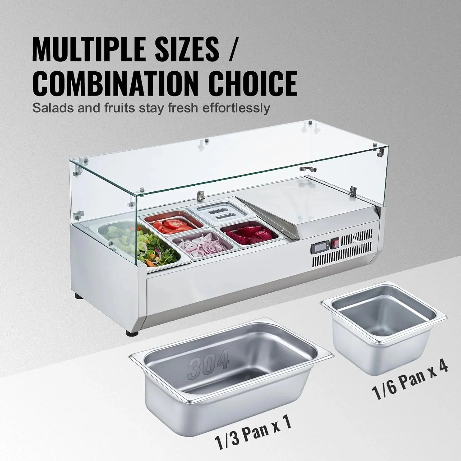 Refrigerated Condiment Prep Station, 135 W Countertop Refrigerated Condiment Station, with 2 1/3 Pans & 4 1/6 Pans, 304 Stainless Body and PC Lid, Sandwich Prep Table with Stainless Guard, ETL